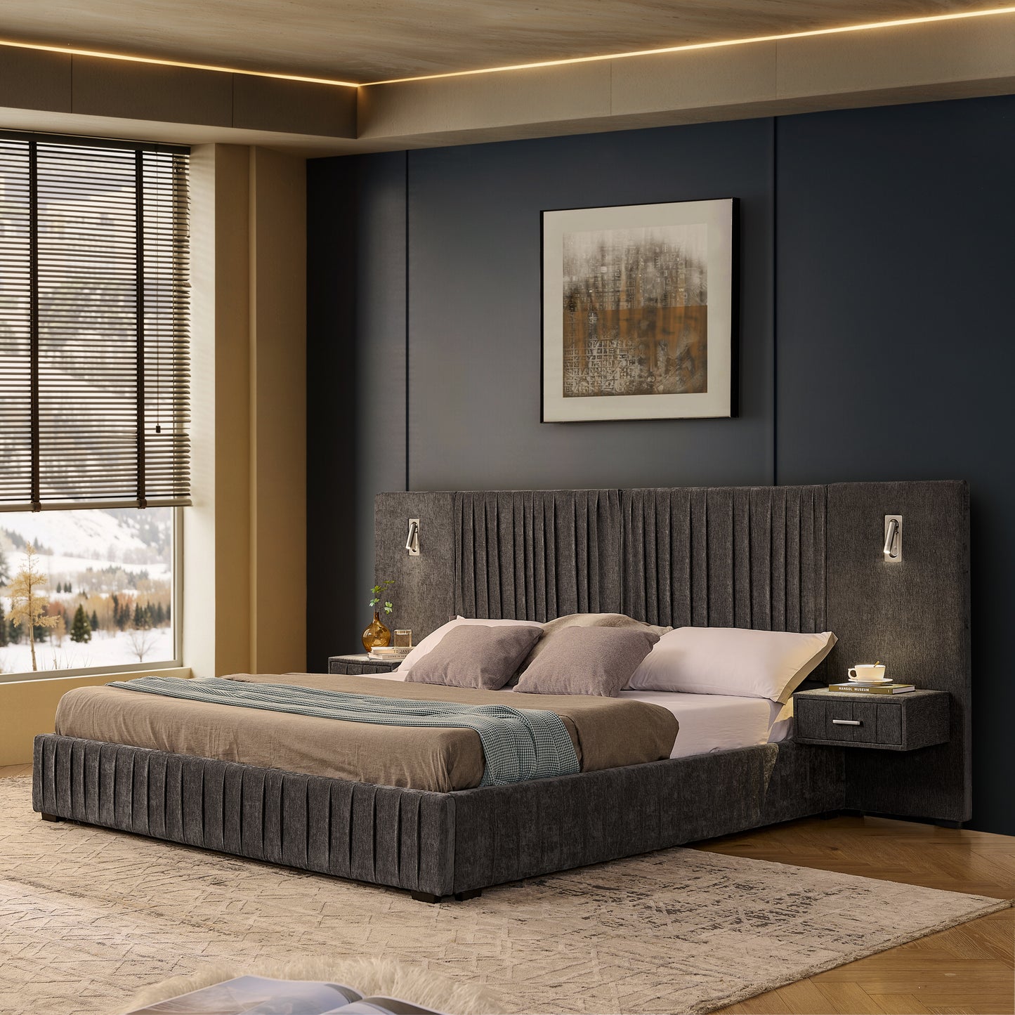 King Size Upholstered Bed Frame with Chenille fabric with pleated design,Grounded King Size Platform Bed with Headboard and Solid Frame and the bedside table.No Box Spring Needed-DARK GREY image 1
