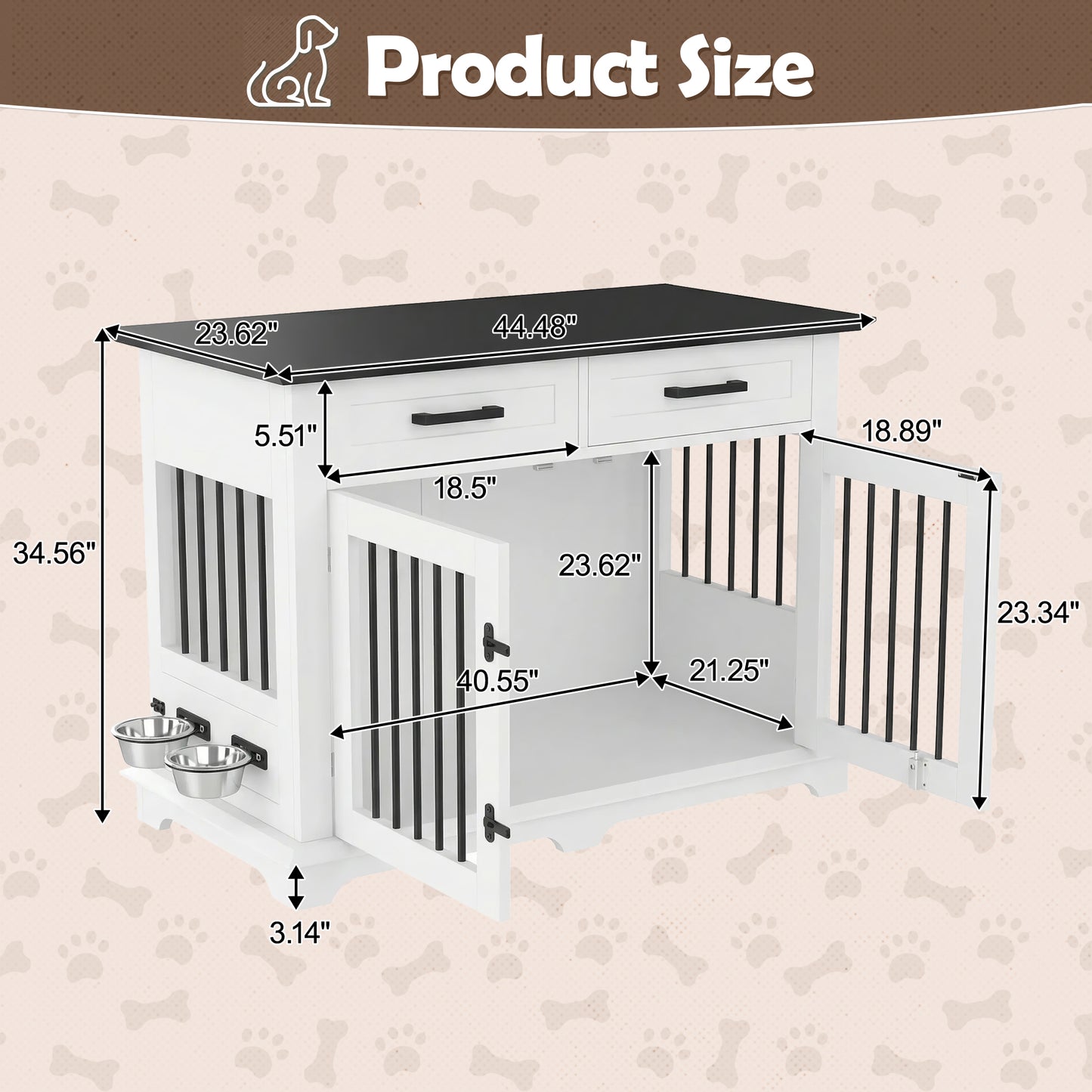 44.48" Large Dog Crate Furniture, Indoor Wooden Dog Kennel End Table with 2 Storage Drawers and Rotating Bowls, Decorative Pet Cage Dog House for Medium Dogs, White and Black image 7