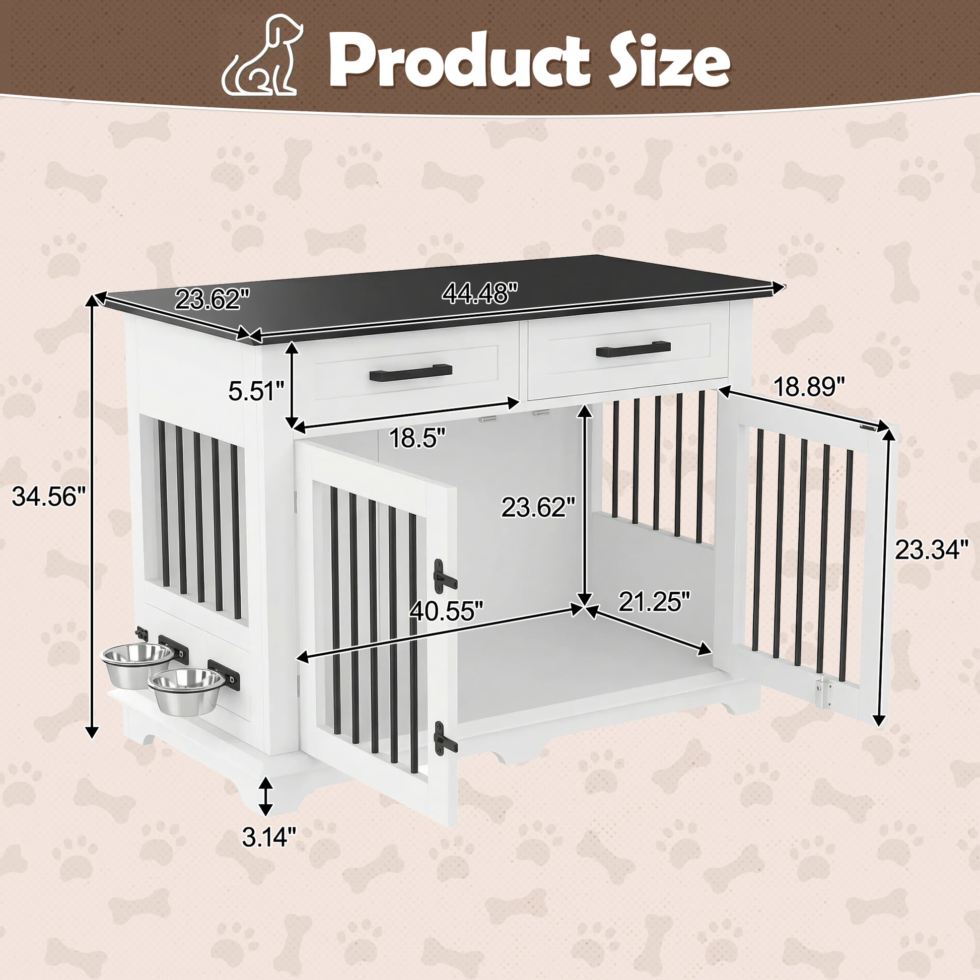 44.48" Large Dog Crate Furniture, Indoor Wooden Dog Kennel End Table with 2 Storage Drawers and Rotating Bowls, Decorative Pet Cage Dog House for Medium Dogs, White and Black image 7
