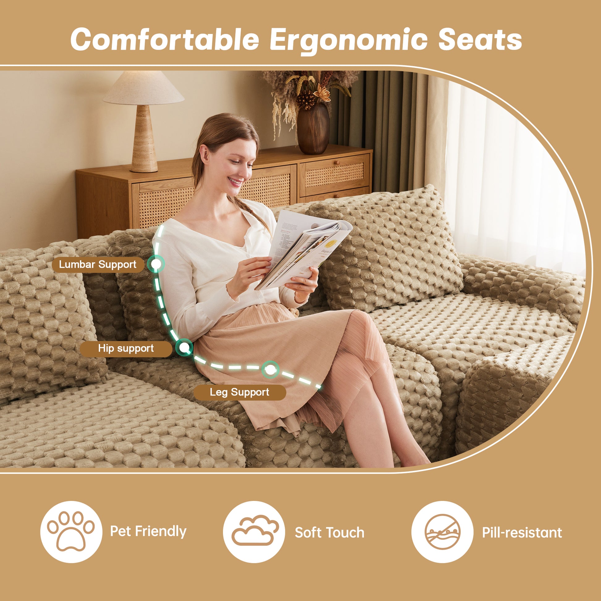 114" Modern L-Shaped Modular Sectional Sofa for Living Room,Flannelette Fabric,Oversized 3-Seater Couch,boneless sofa,Movable Ottoman,Buckle connection,Anti-slip Design,No Assembly,Light Camel image 5