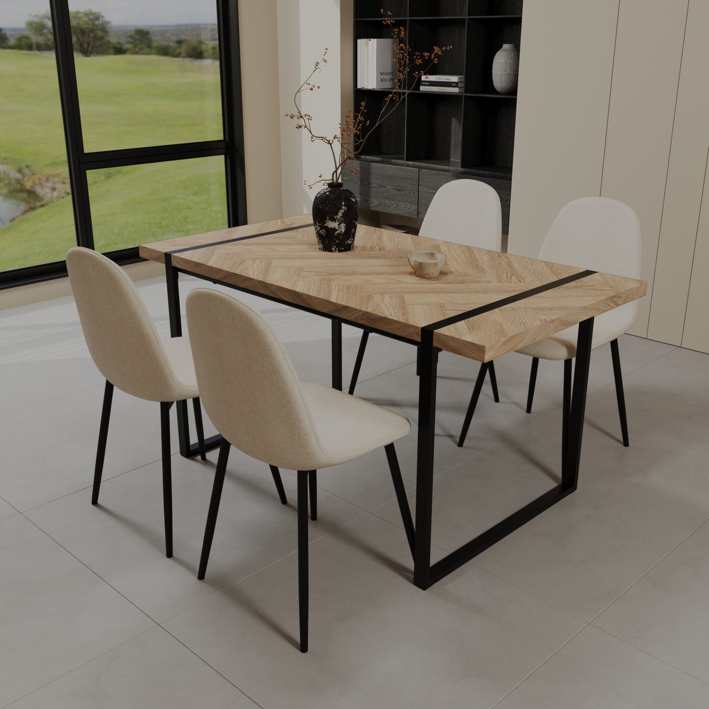 59" MDF light wood dining table and modern dining chair set of 4 pieces, medieval wooden kitchen dining table set, black rectangular metal base, dining table and suede chair set image 2