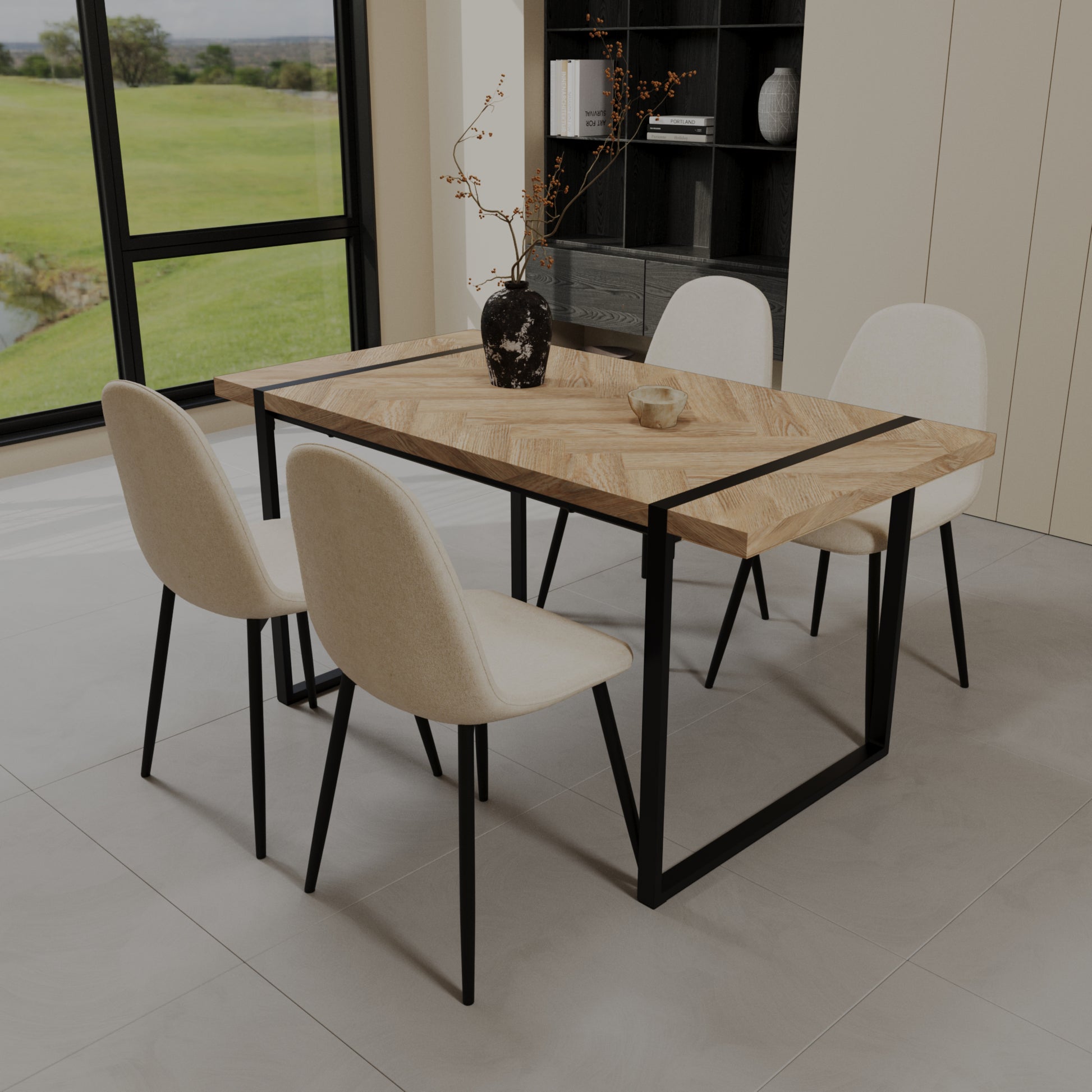 59" MDF light wood dining table and modern dining chair set of 4 pieces, medieval wooden kitchen dining table set, black rectangular metal base, dining table and suede chair set image 2
