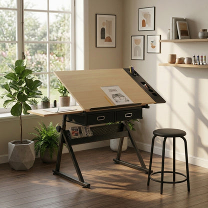 adjustable drawing drafting table desk with 2 drawers for home office and school with stool(maple) image 2