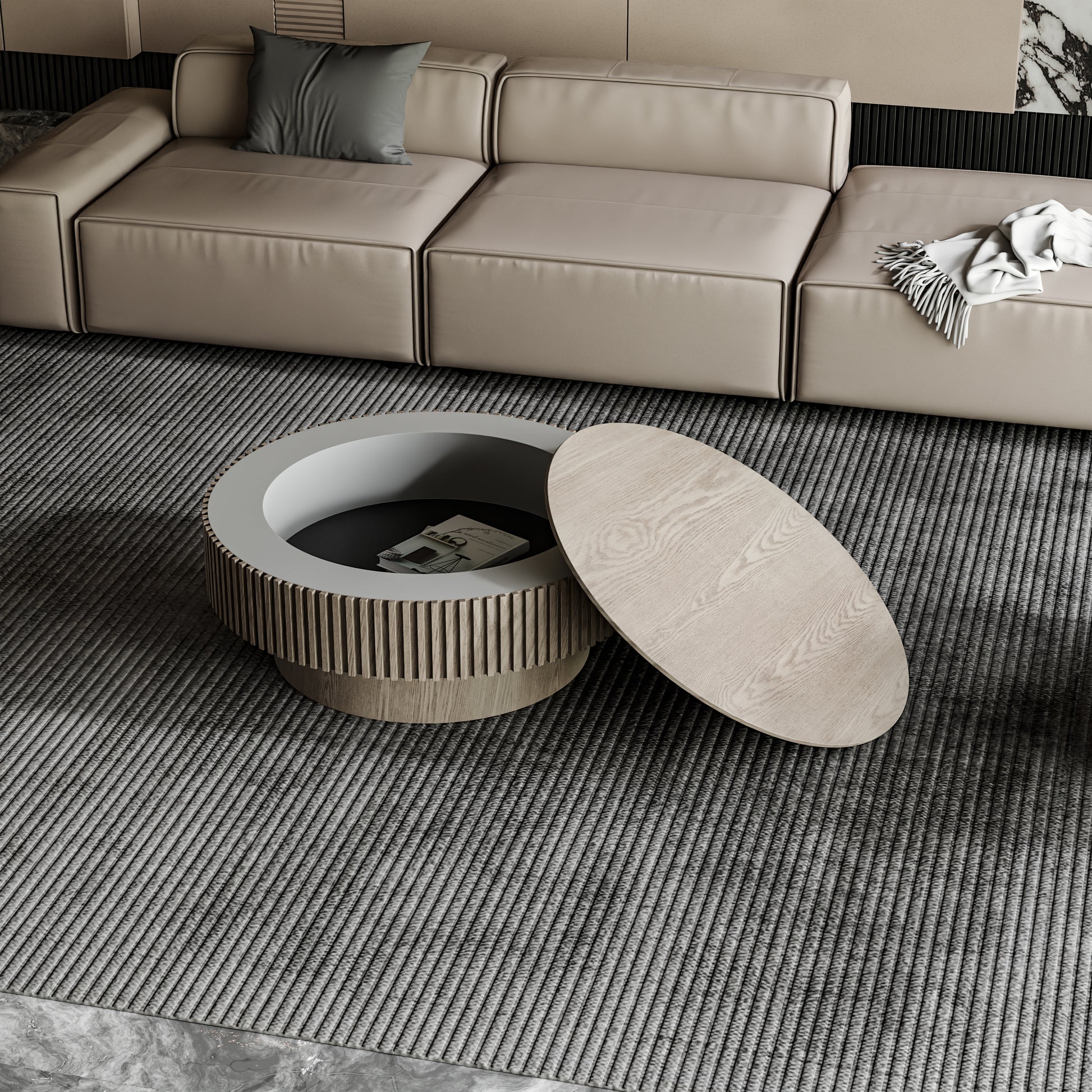 31.5'' Round Coffee Table with Storage Solid Wood Veneered Modern Coffee Table Accent Tea Table for Living Room, Bedroom, Apartment or Office, Grey image 4