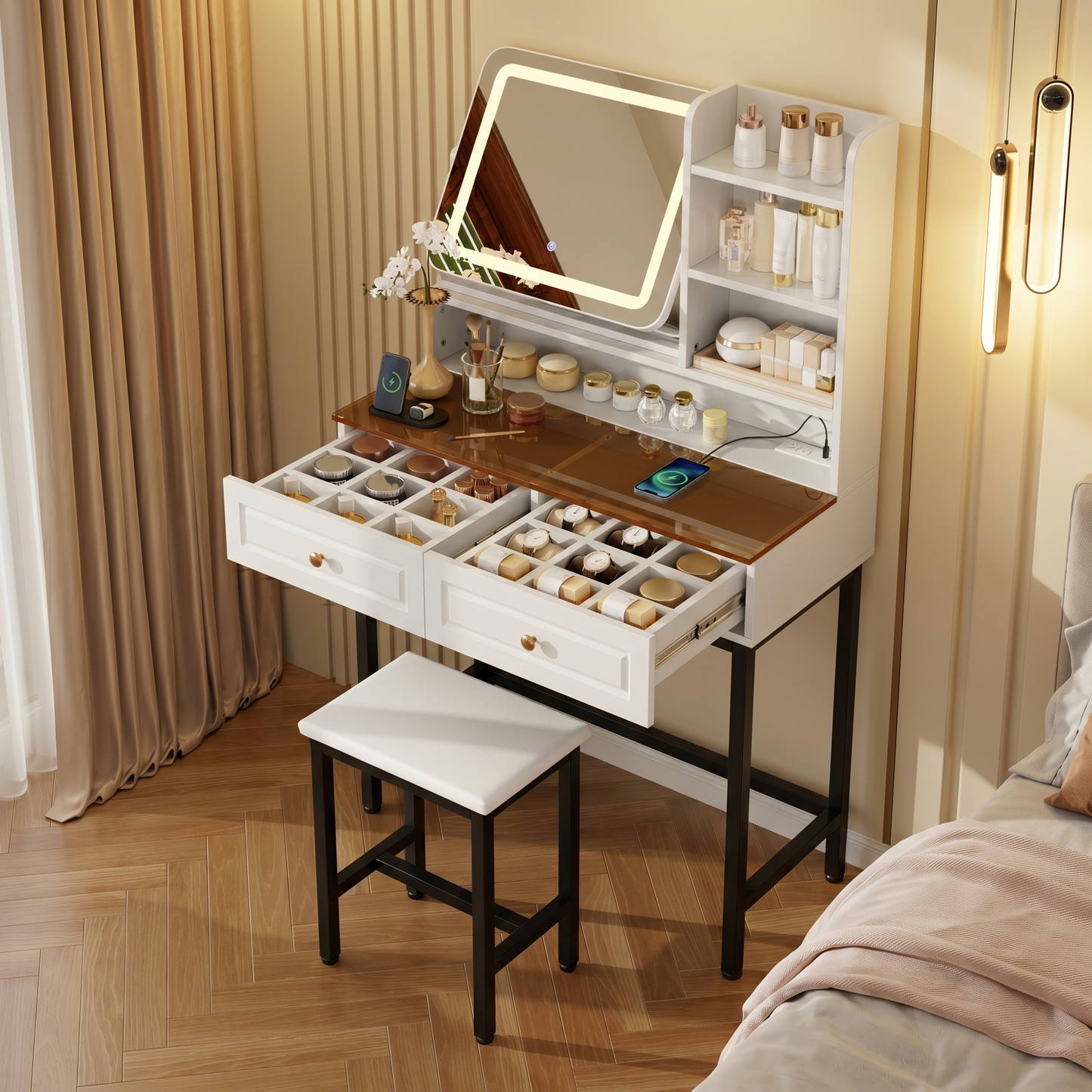 Makeup Vanity with LED Lighted Mirror, 360° Rotatable Mirror, Vanity Desk with 2 Drawers,Power Outlet and 3-Tier Shelves, Amber Glass Table Top, Dressing Table with Sturdy Metal Leg and Stool, White image 3