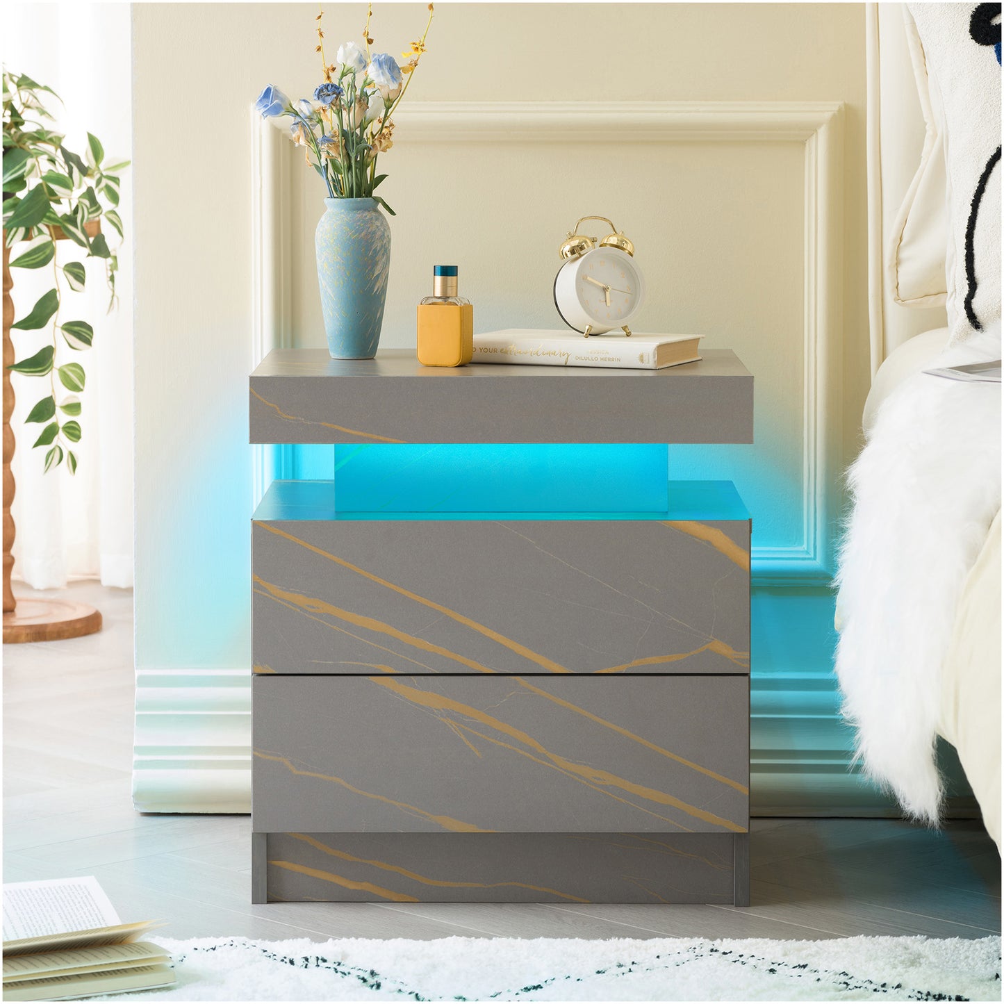 Nightstand LED Bedside Table Cabinet Lights Modern End Side with 2 Drawers for Bedroom (Grey Gold) image 1