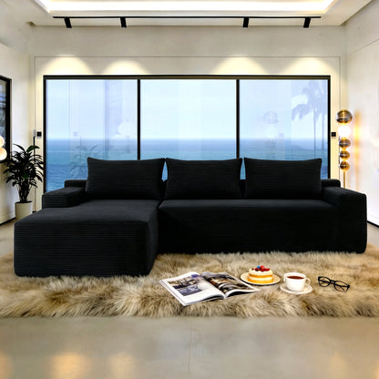 NEW2-96.9" Cloud Sectional Couch with L-Shape Chaise,Modern Modular Sofa with Deep Seat, Upholstered Couches for Living Room Bedroom,No Assembly Required, (Corduroy Fabric),Black image 1