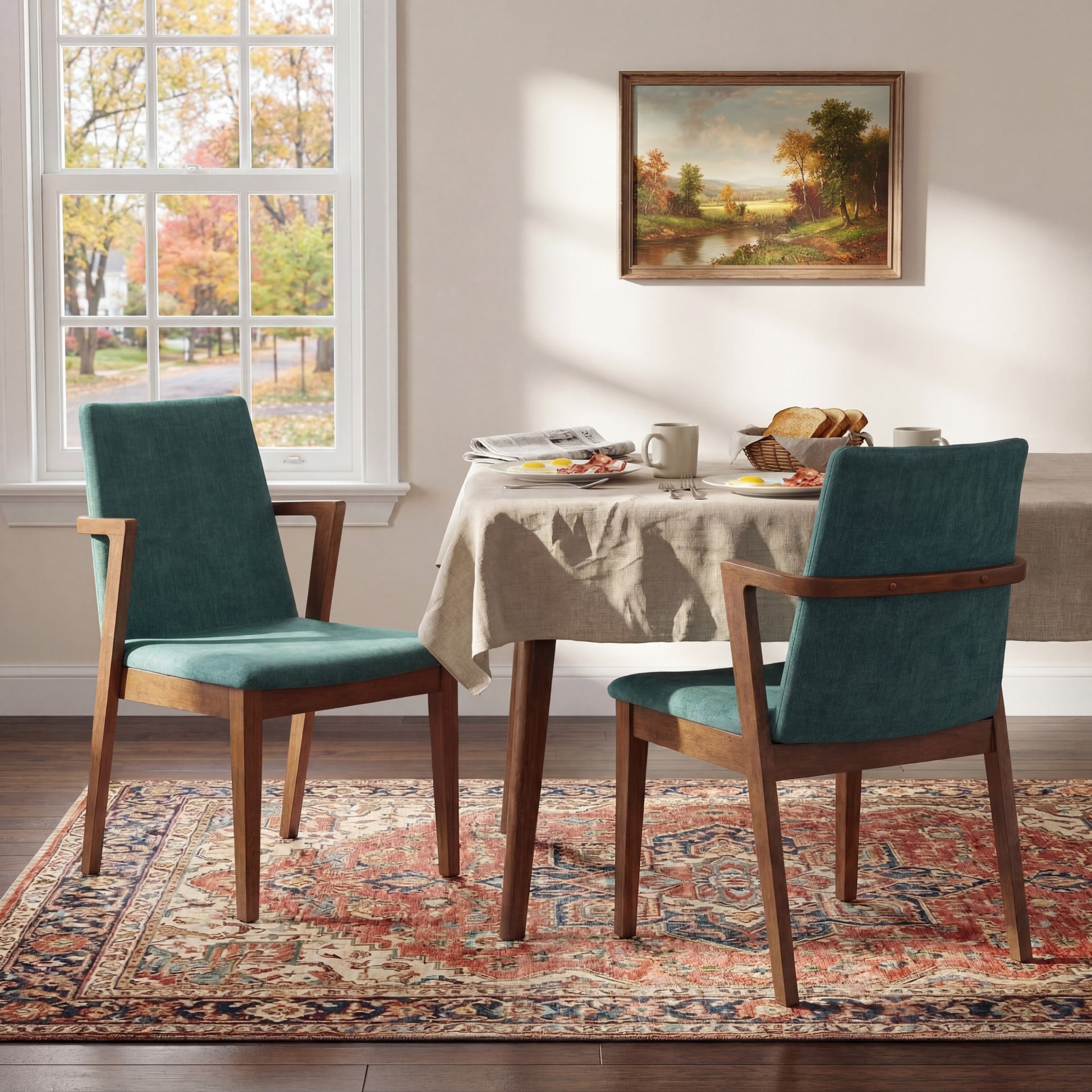 Mid-Century Modern Dining Chairs Set of 2 - Green Fabric Upholstered Armchairs with Walnut Color Rubber Wood Frame, 250lbs Capacity for Kitchen & Dining Room image 2