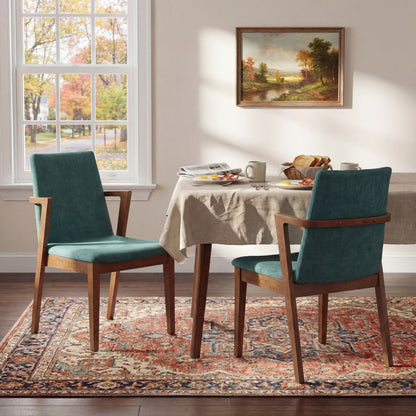 Mid-Century Modern Dining Chairs Set of 2 - Green Fabric Upholstered Armchairs with Walnut Color Rubber Wood Frame, 250lbs Capacity for Kitchen & Dining Room image 2
