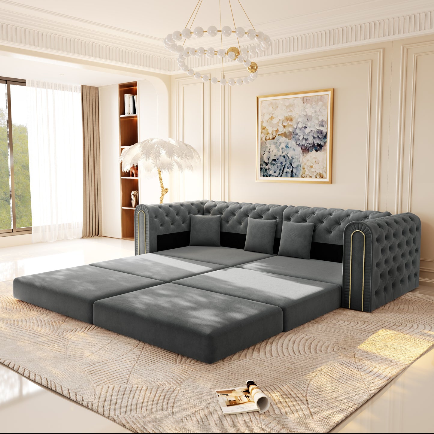 90.6" 3-in-1 Convertible Sleeper Sofa,Elegant Modern Couch with Button Tufted and Gold Edge Trim,3-Seater Couch with Movable Ottoman for Living Room,Apartment,Office,Bedroom,Dark Grey image 2