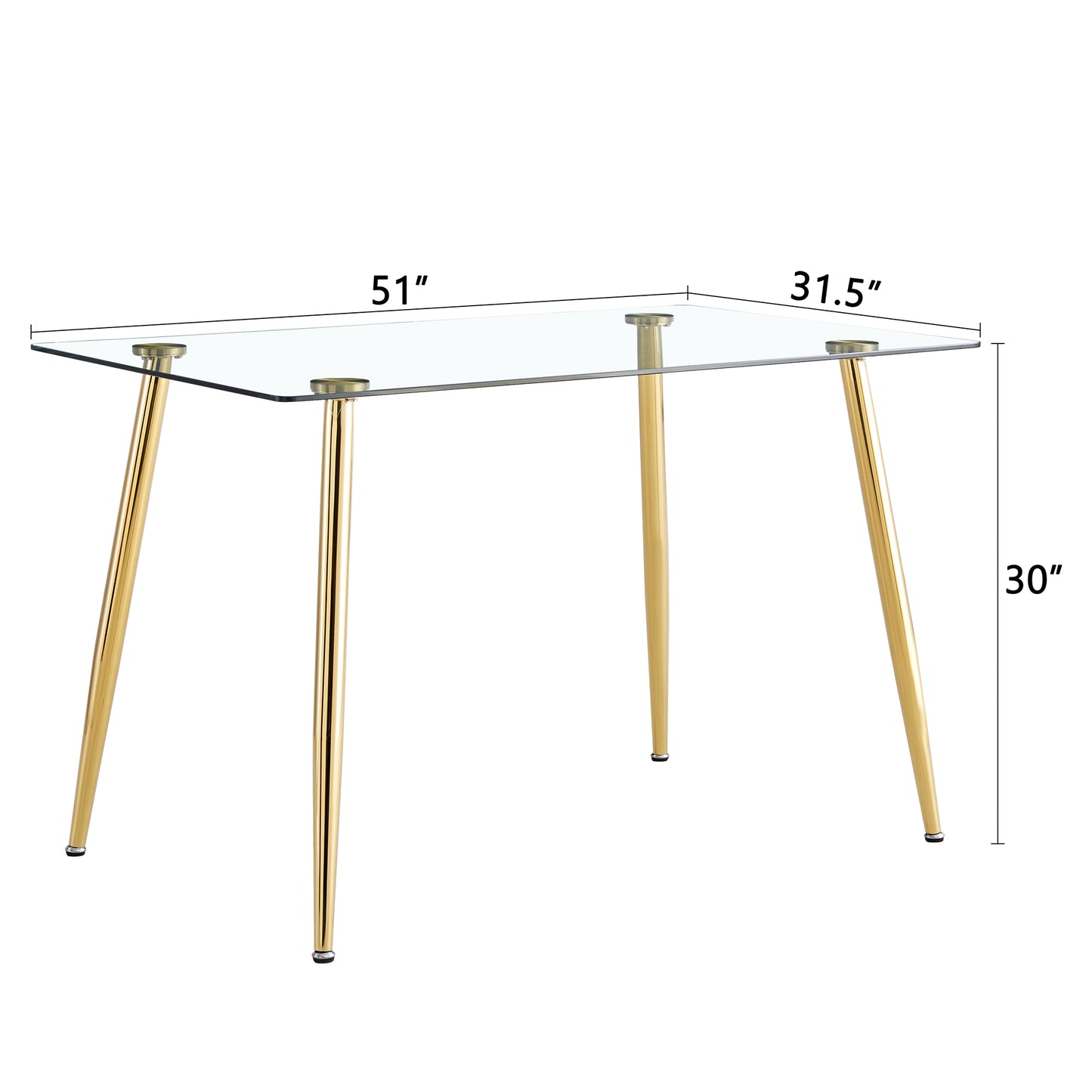 Modern Minimalist Rectangular Glass Dining Table for 4-6 with 0.31" Tempered Glass Tabletop and Golden plating Metal Legs, Writing Table Desk, 51" *31"*30".W1151S03746/W1151S03724 image 10