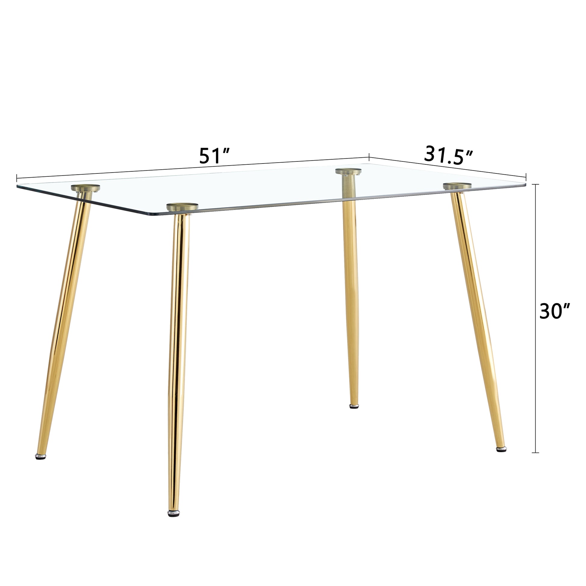 Modern Minimalist Rectangular Glass Dining Table for 4-6 with 0.31" Tempered Glass Tabletop and Golden plating Metal Legs, Writing Table Desk, 51" *31"*30".W1151S03746/W1151S03724 image 10