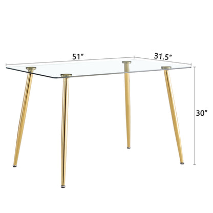 Modern Minimalist Rectangular Glass Dining Table for 4-6 with 0.31" Tempered Glass Tabletop and Golden plating Metal Legs, Writing Table Desk, 51" *31"*30".W1151S03746/W1151S03724 image 10