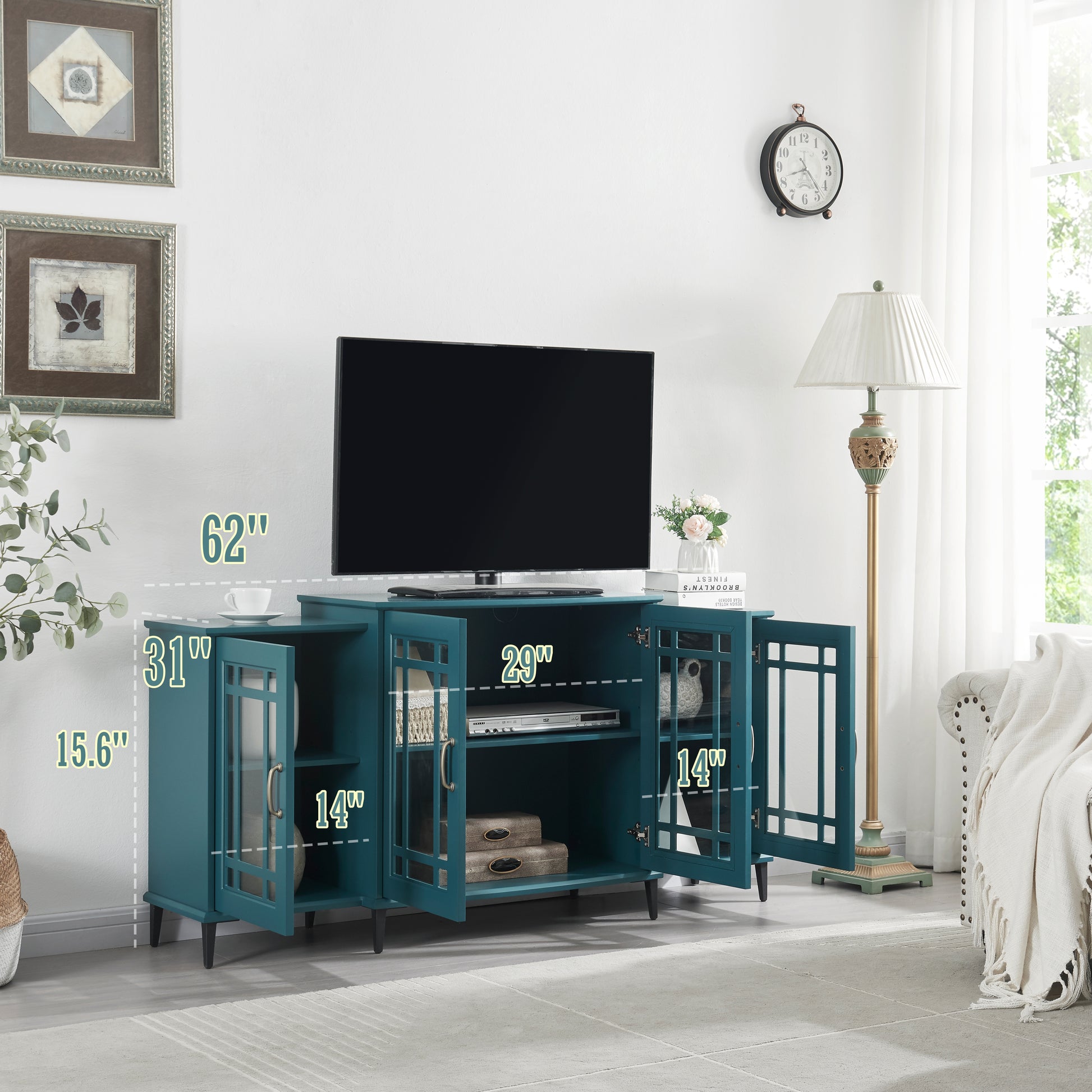 62" TV Stand, Buffet Sideboard Cabinet, Teal Blue image 3