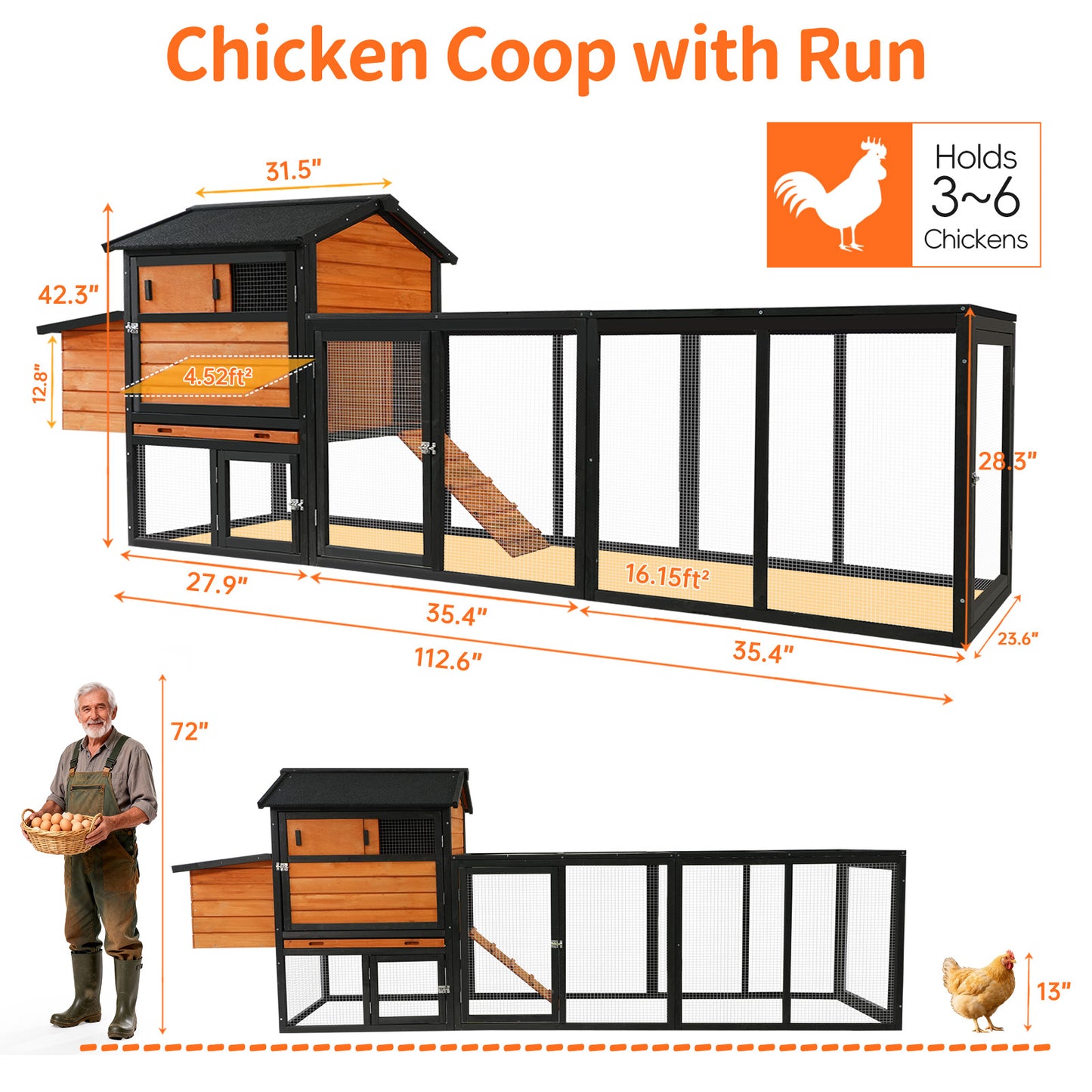 brown+black Wooden Chicken Coop, Large Outdoor Hen House with Run and Nesting Box Poultry Cage, Rabbit Hutch, Waterproof Anti-UV Panel for Backyard image 3