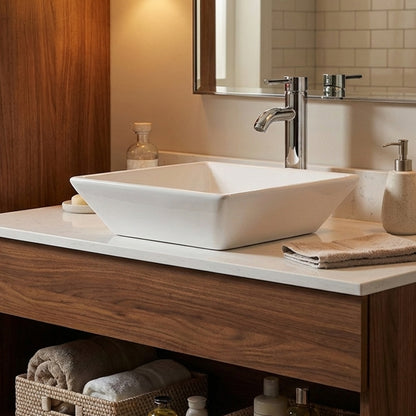 Square Ceramic Basin White Vessel Sink for Bathroom Vanity,16"X16" Beveled Porcelain Sink w/Faucet&Pop Up Drain image 2