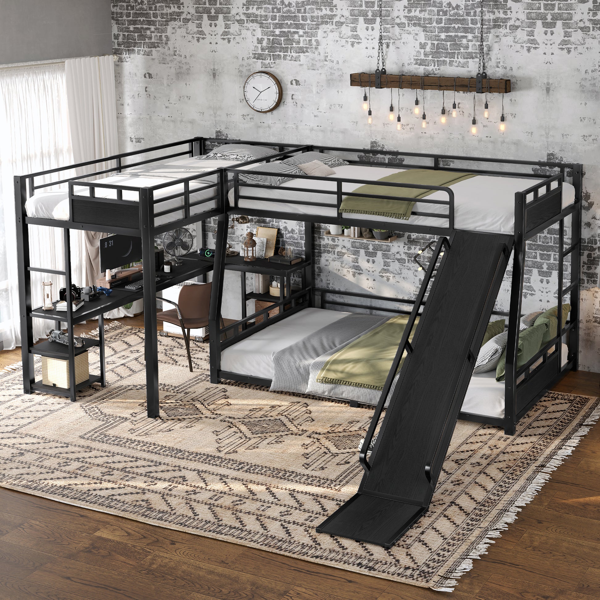 L-Shaped Metal Bunk Bed (Top bed:Full/FullXL, bottom bed: Queen) with Twin XL Loft Bed, Desk, and Storage Shelves,USB Charging Port Included - Metal Triple Bunk Bed with Slide,Black image 4