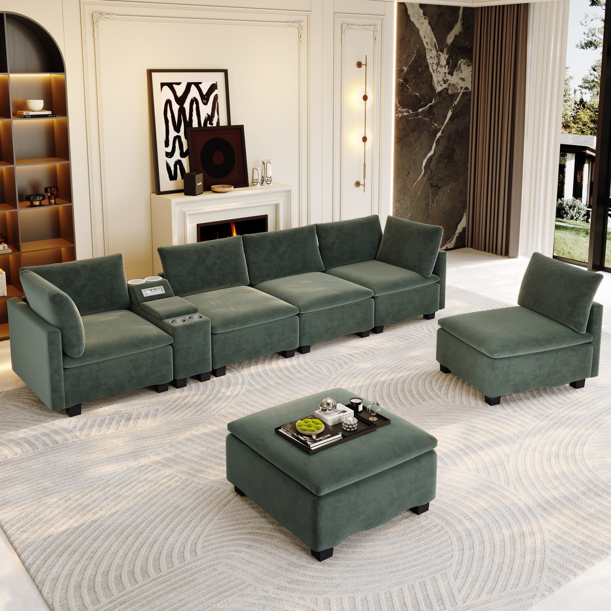 121.2" Modular U-Shaped Cloud Sectional Sofa with Movable Ottoman, Chenille Convertible Sofa Bed with Hidden Storage & USB Ports & Cup Holders & Bluetooth Speaker for Living Room, Apartments, Green image 8