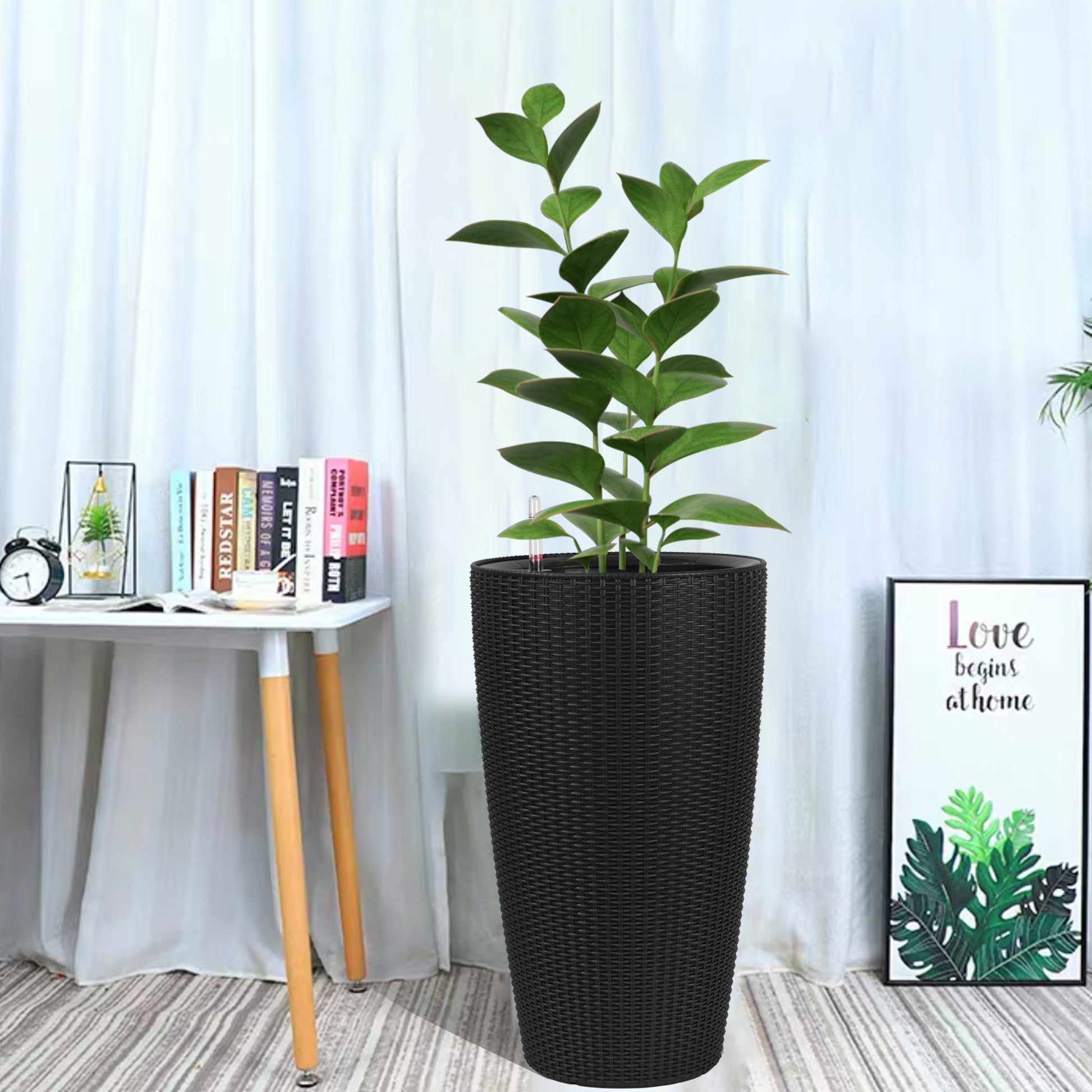 Set of 2 Faux Rattan Tall Planters Outdoor Indoor Large Planters with Water Level Monitor Inner Bucket, Automatic Watering, Flower Plant Pots for Garden, Patio, Porch, Backyard (Black, 22 inch) image 9