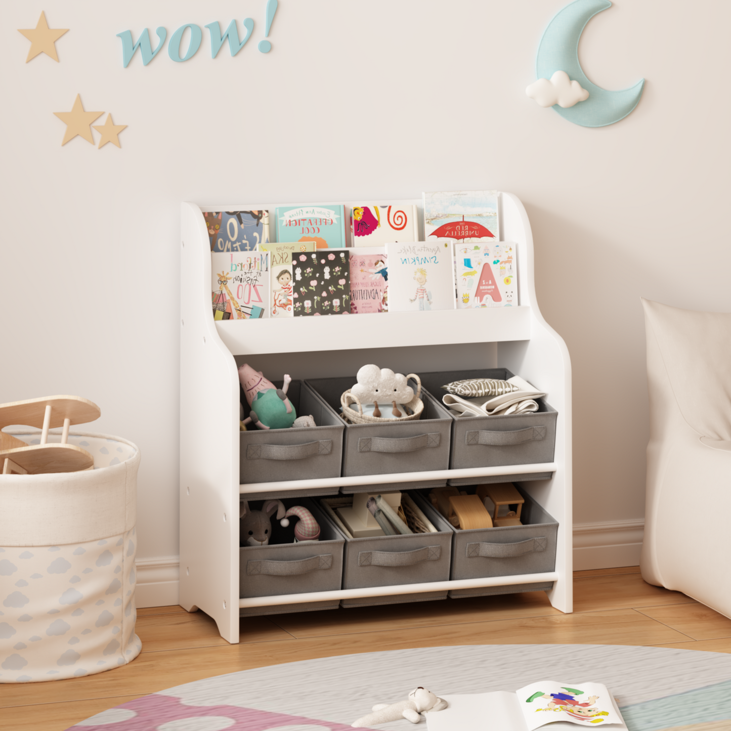Kids Bookshelf with 6 Fabric Storage Bins, Multi-Functional Children's Bookcase and Toy Organizer, Front-Facing Display Shelf for Playroom, Bedroom or Nursery - White & Gray image 1