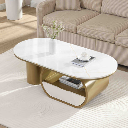 Luxury Modern Oval Coffee Table, 47.24'' Coffee Table with Storage Drawer, Faux Marble Top, Golden Metal Center Table for Living Room image 3