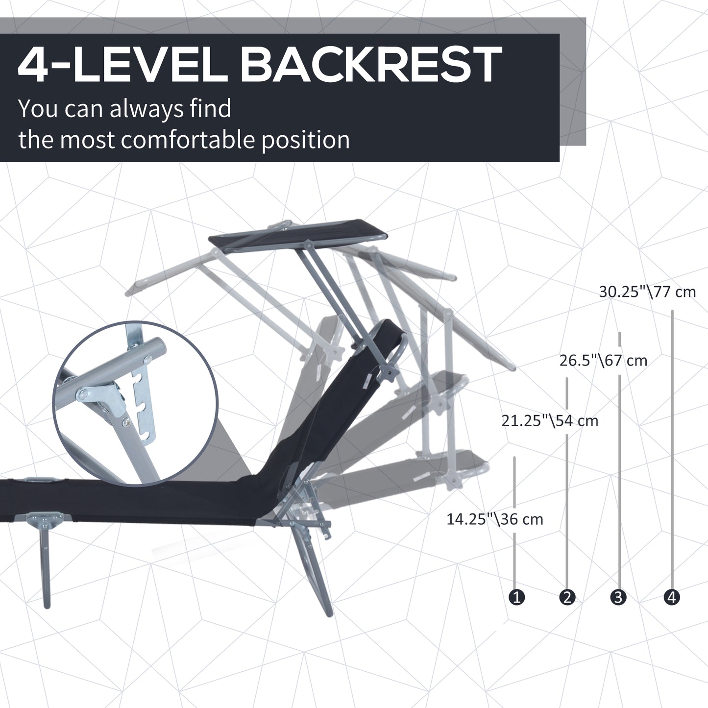 Outsunny Outdoor Lounge Chair, Adjustable Folding Chaise Lounge, Tanning Chair with Sun Shade for Beach, Camping, Hiking, Backyard, Black image 4