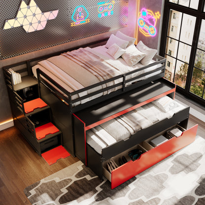 Full XL Loft Bed with Pull-Out Desk and Twin Trundle, Multi-Functional Bunk Bed with 2 Storage Drawers and Storage Steps, Space-Saving Gaming & Workstation Bedframe, Black+Red image 1