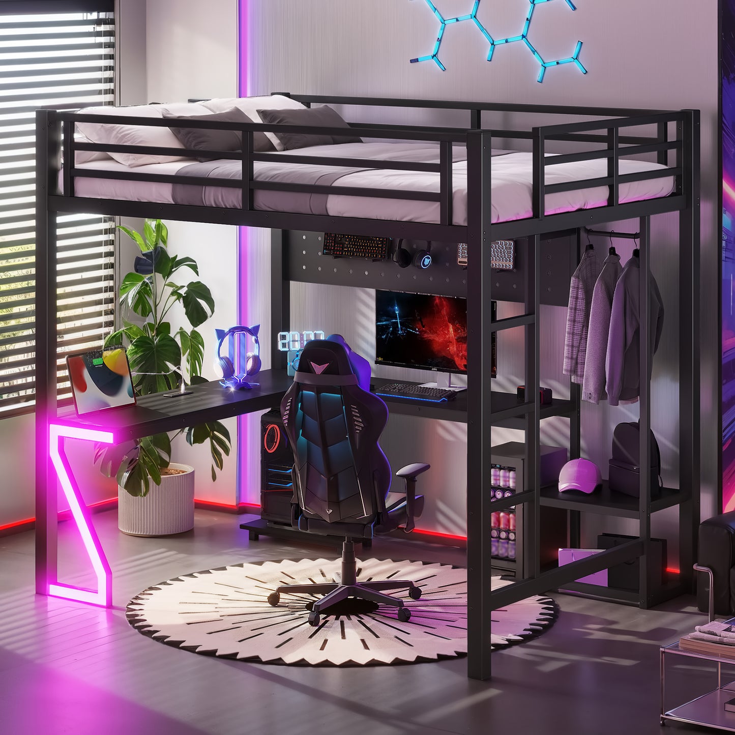 Full Loft Bed with L-shaped Desk and USB Ports, Metal Loft Bed with Computer Tray, Peg Board, and Gaming Style Z-shaped Lights, Black image 5