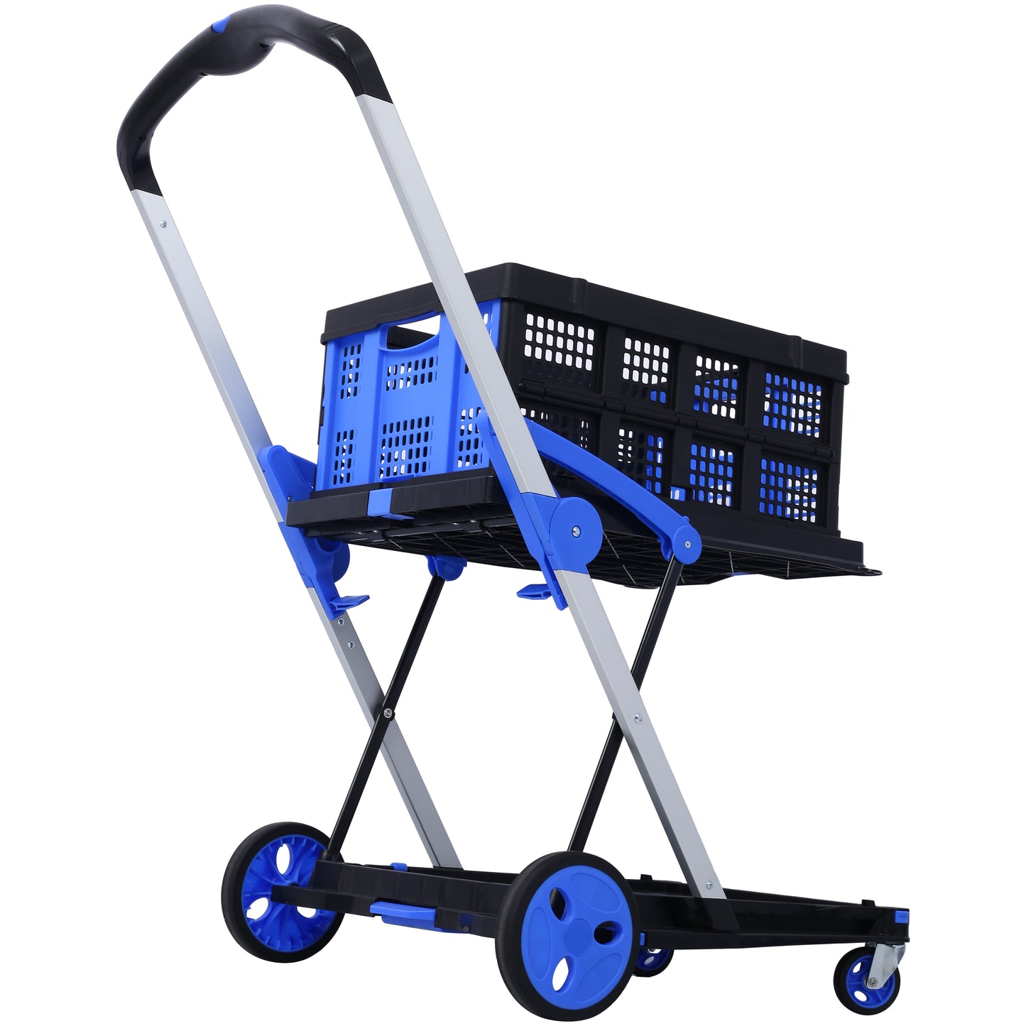 Collapsible Utility Cart Multi Use Functional Collapsible Shopping Carts 2-Tier Collapsible Shopping Cart with Baskets Carrito para Supermercado con Ruedas blue image 4