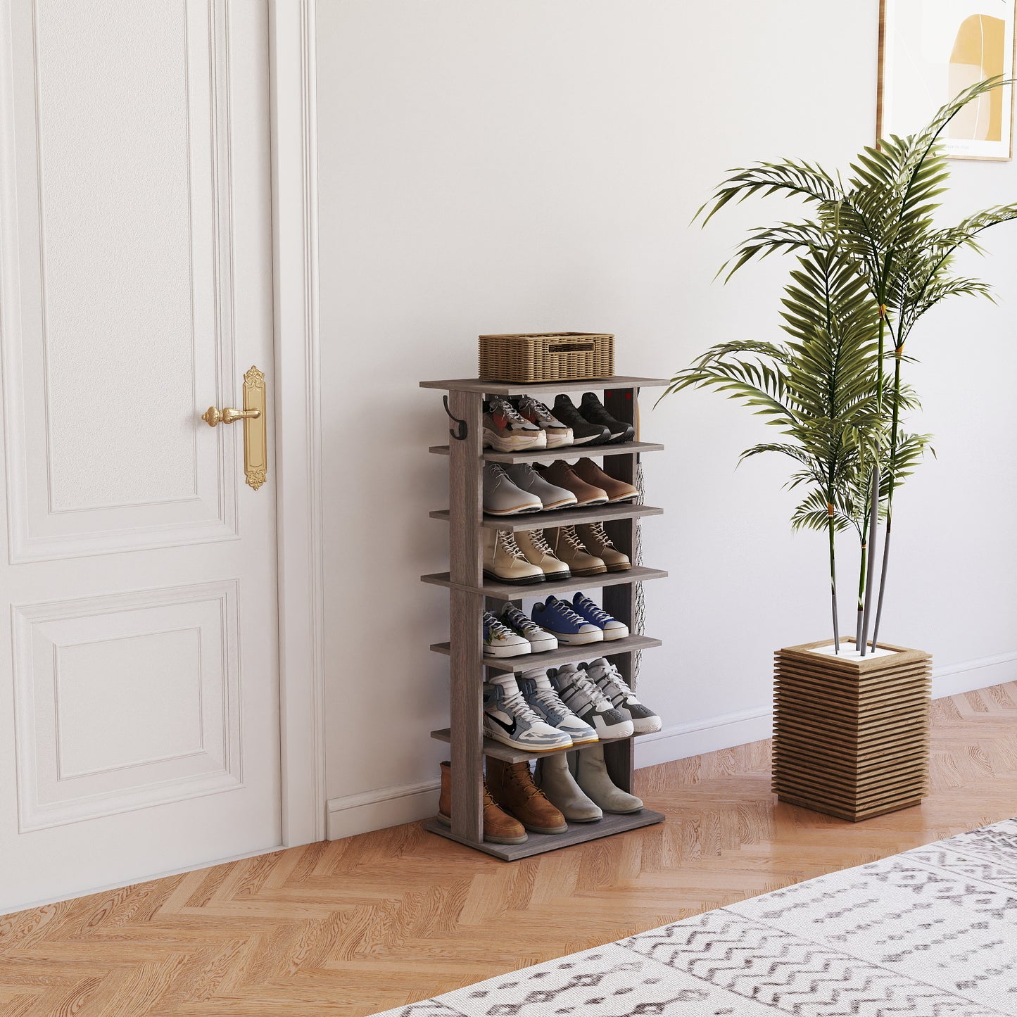 Shoe Rack,7 Tier Shoe Storage Organizer with Hooks, Entryway Shoe Tower,12-14Pairs Shoes,Vertical Shoe Organizer,Vertical Shoe Organizer,Easy Assemble,Saving Space,Rustic Gray image 5