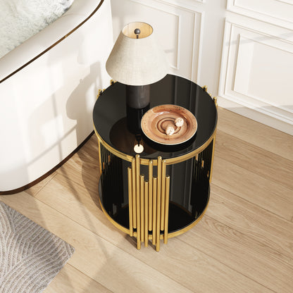 19.7" Round Glass End Table, 2-Tier Gold Side Table with Stainless Steel Legs and Black Tempered Glass, Modern Luxury End Table for Living Room Home Office image 2