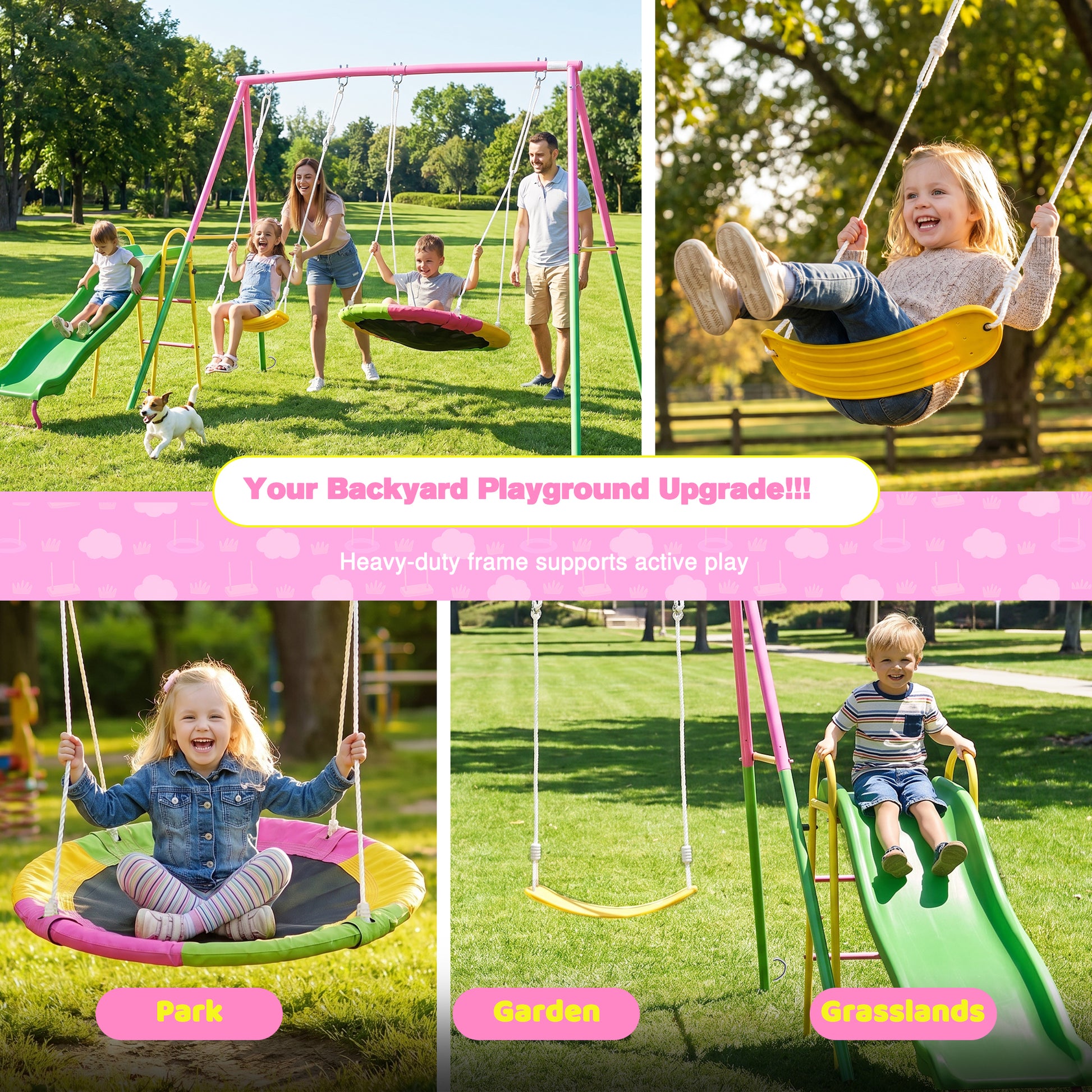 Swing Sets for Backyard with Kids Slide Outdoor Heavy-Duty Metal Playset 3 in 1 Swing Set with Slide image 7
