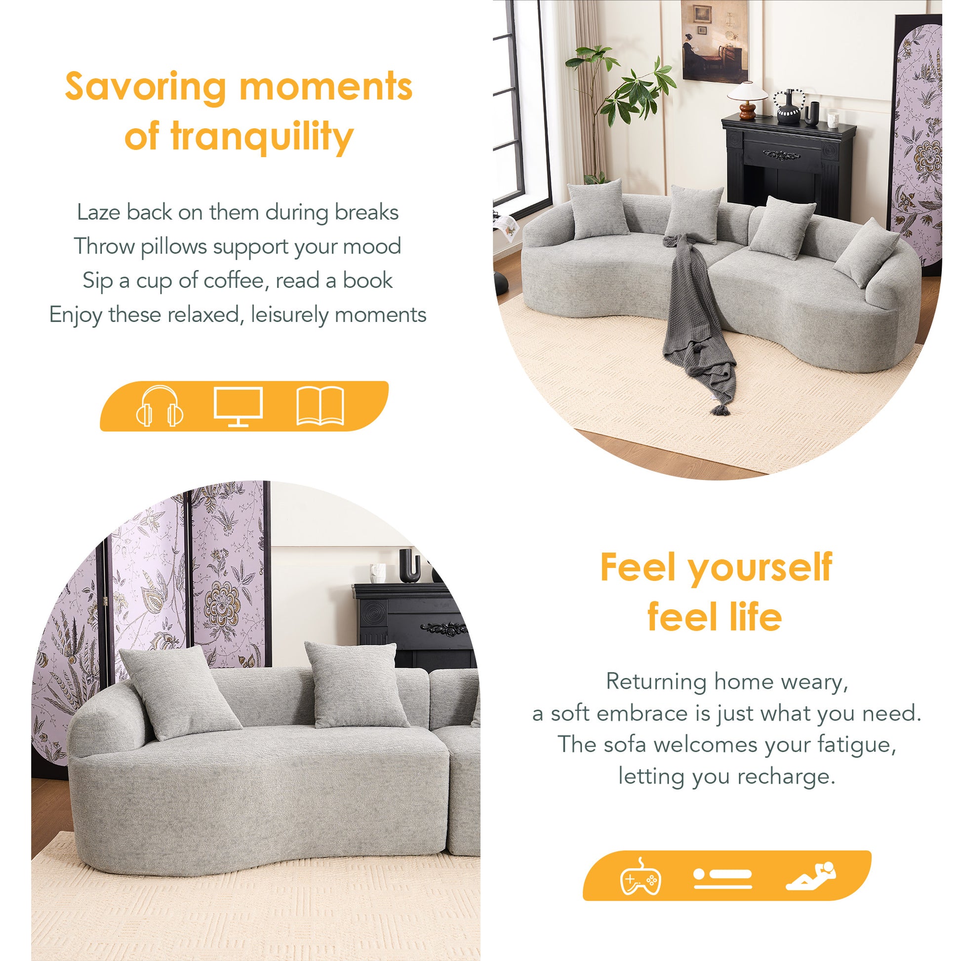 Curved Boneless Sofa,Compression Modular 110'' Sectional,Grey High-Density,Couches Sleeper for Living Room Bedroom Apartment Lounge,Chenille image 2