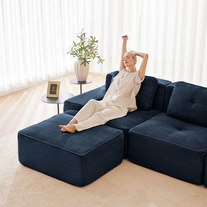 117" Modern L-Shaped Modular Sectional Sofa for Living Room, Corduroy Fabric,3-Seater Couch with Deep Seat and Movable Ottoman,Pearl-like piping, Tufted Design,No Assembly, Anti-slip Design​, Blue image 12