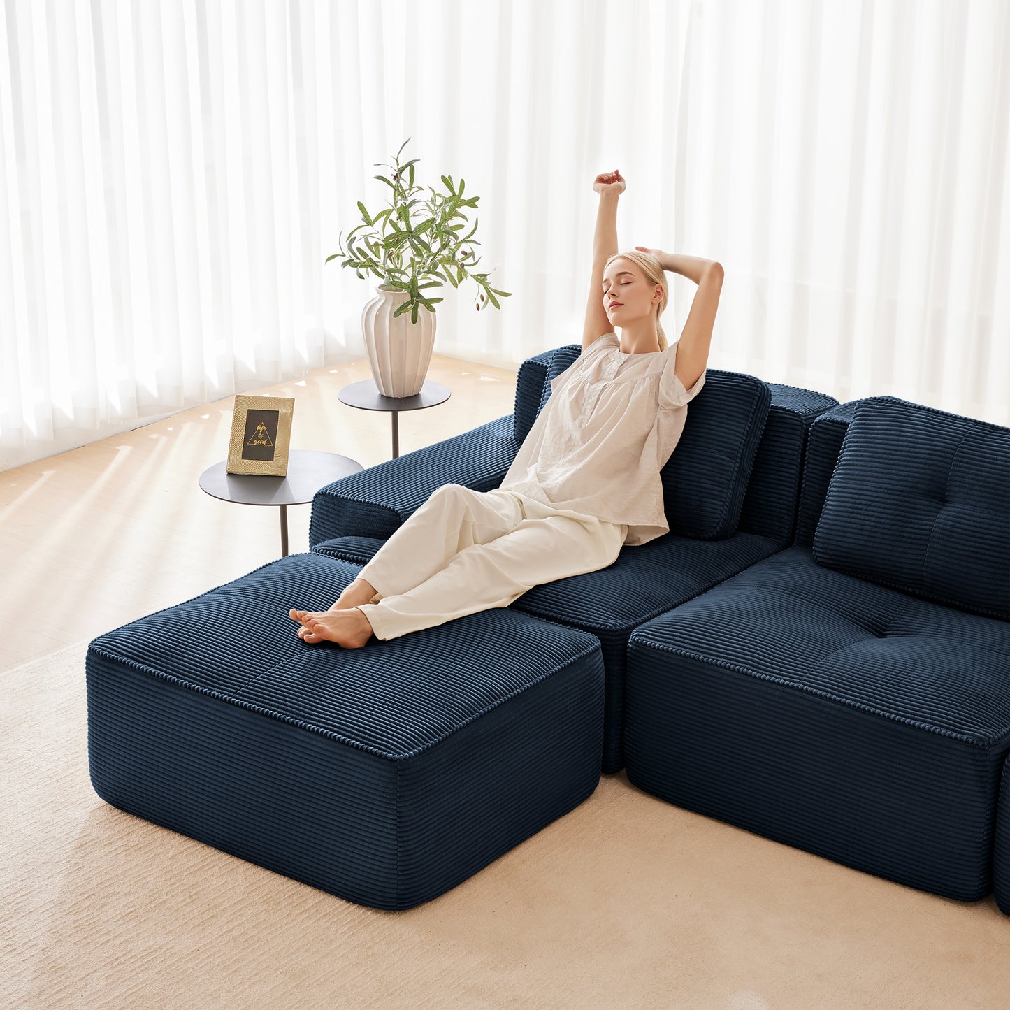 82" Modern L-Shaped Modular Sectional Sofa for Living Room, Corduroy Fabric, 2-Seater Couch with Deep Seat and Movable Ottoman, Pearl-like piping, Tufted Design, No Assembly, Anti-slip Design​, Blue image 7