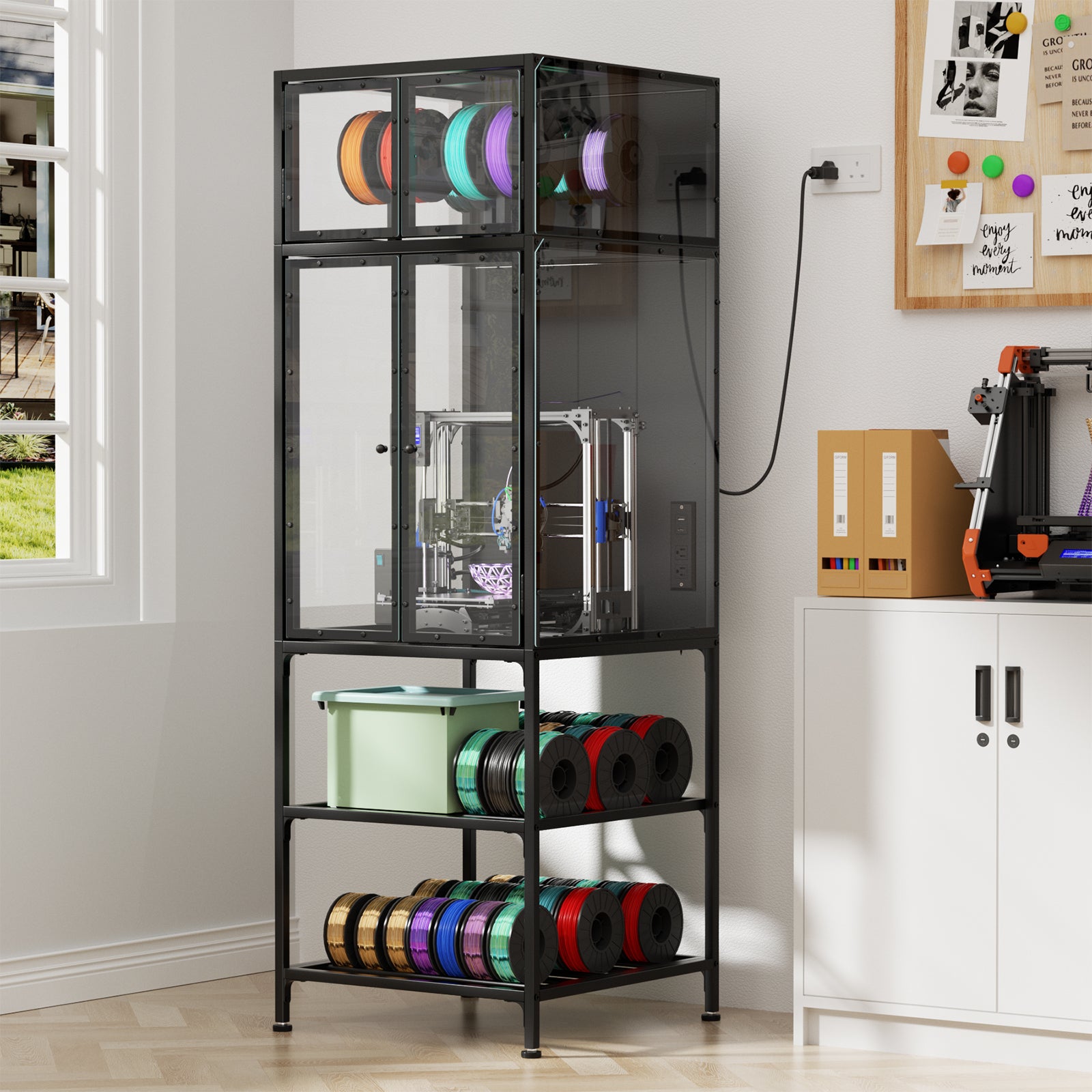 3D Printer Cabinet with Double Layer 3D Printer Filament Storage Rack, T-Shaped Filament Bar & Noise-Reducing, Dust-Proof Design, Suitable for Studio, Office Storage and Organization image 2