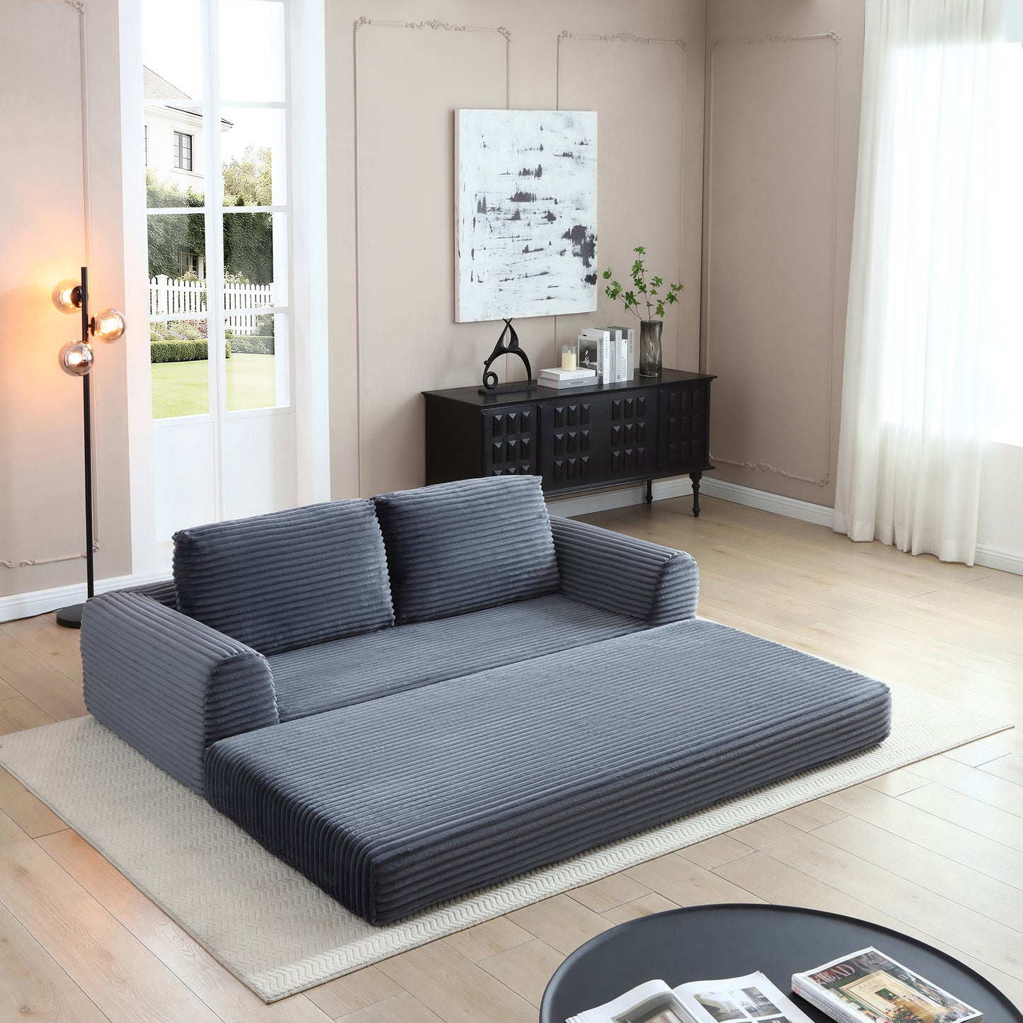2-in-1 Folding Convertible Sofa Bed, Modern Corduroy Sleeper Couch with 2*pillows, Futon Modular Upholstered Boneless Sofa with Pull-Out Bed,Folding Floor Modular Couch for Living Room Grey image 3