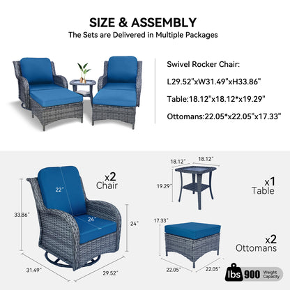 Wicker Patio Furniture Set - 5 Piece Rattan Outdoor Sectional Conversation Sets with 2 Swivel Rocking Chairs,2 Ottomans and 1 Side Table for Porch Deck Garden image 3