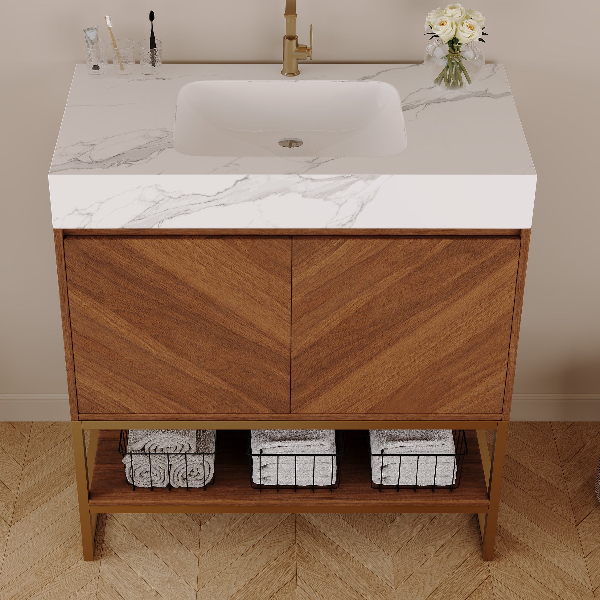29.9" Modern Free-standing Bathroom Vanity with Ceramic Sink – Brown Oak, Soft-Close image 3