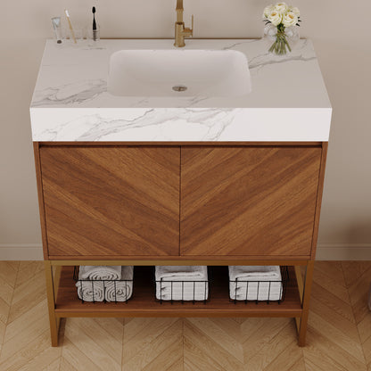 29.9" Modern Free-standing Bathroom Vanity with Ceramic Sink – Brown Oak, Soft-Close image 3