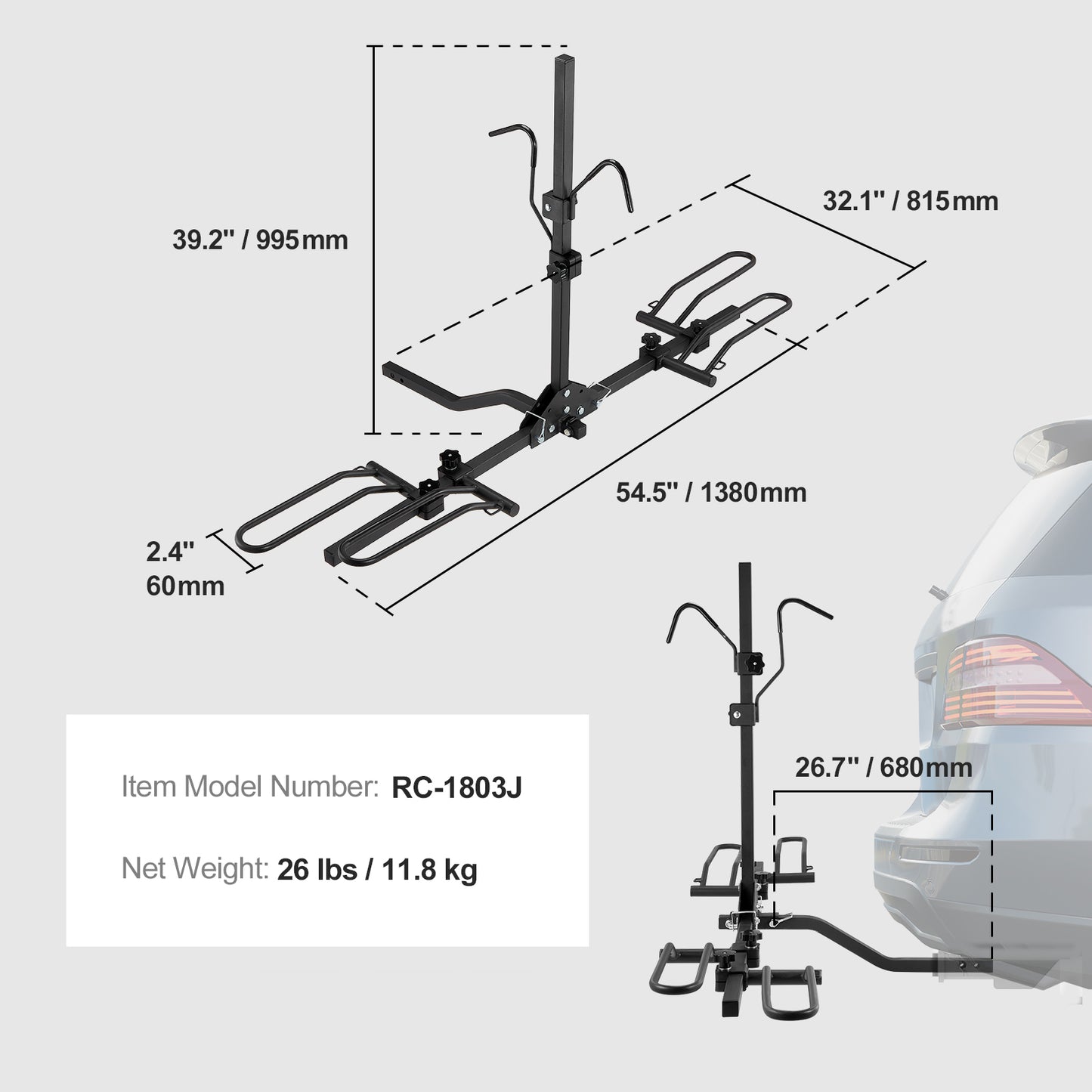 Hitch Mount Bike Rack, 2-Bike Platform Style, 80 LBS Max Capacity Bike Rack Hitch for 1.25-/2-inch Receiver, Titling and Folding Bike Carrier with Tires up to 2.4" Wide, for Car, SUV, Truck, RV image 10