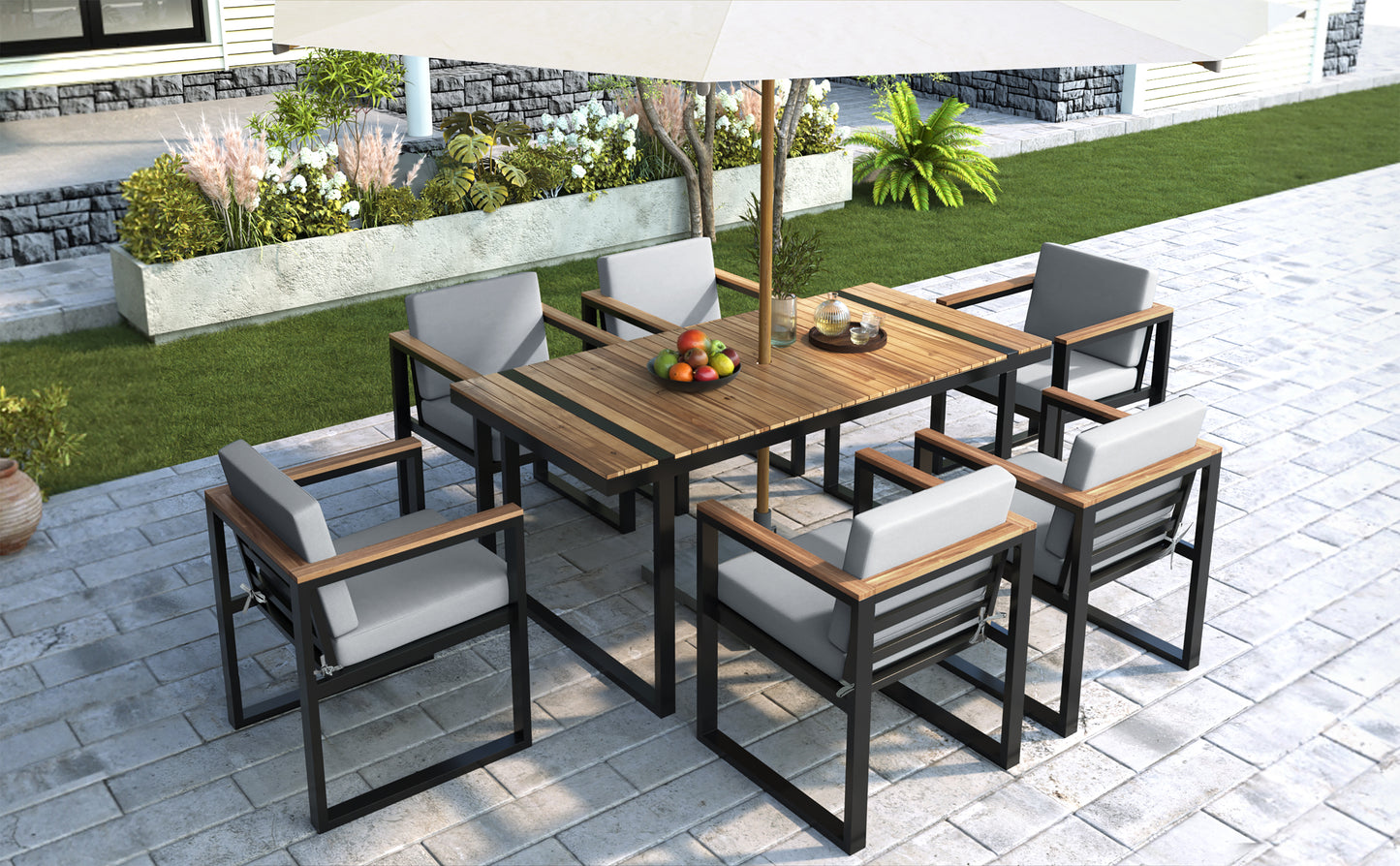 7 Pieces Outdoor Dining Set Patio Dining Table and Chair Set with and Removable Cushions for Patio, Backyard, Garden, Grey image 8