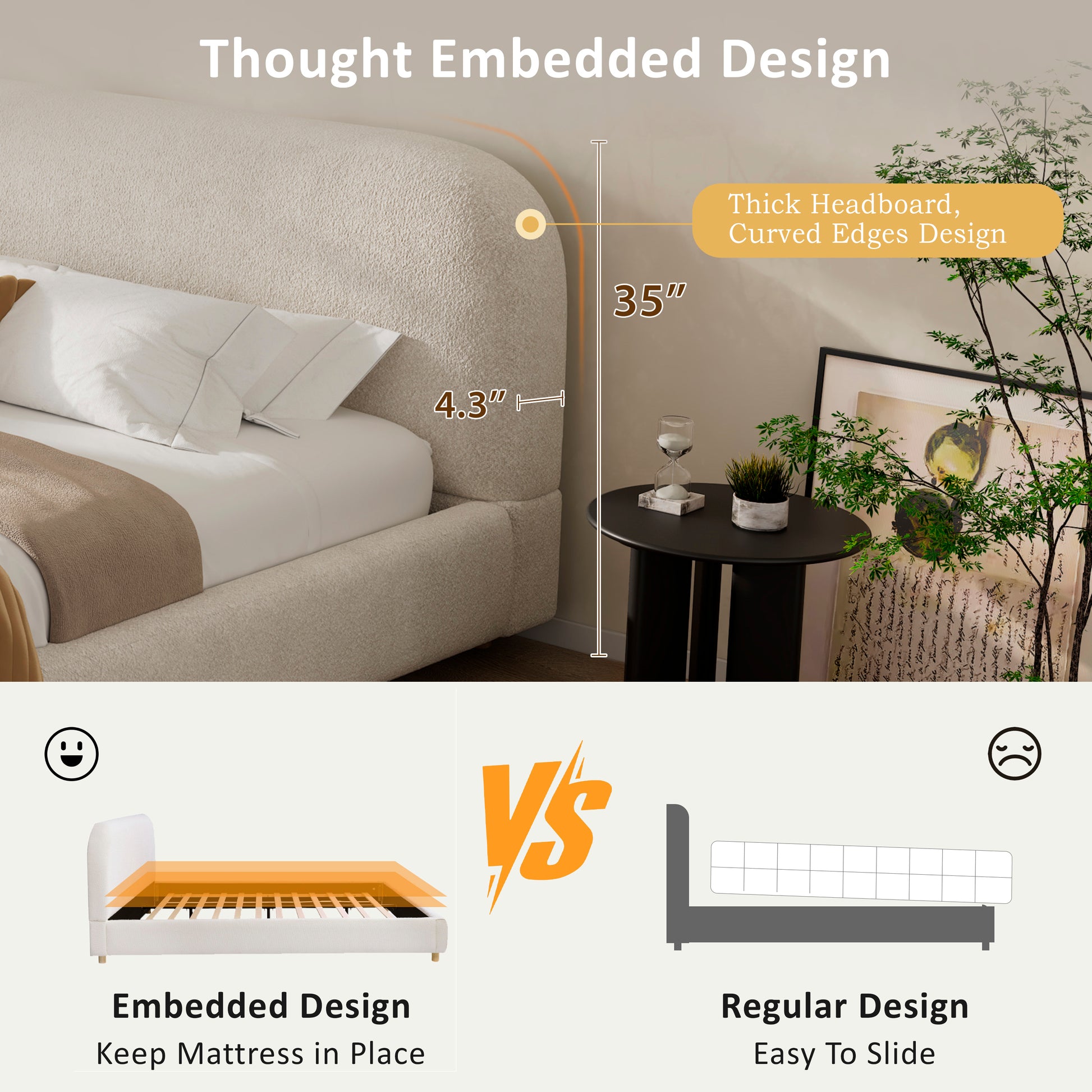 Queen Size Upholstered Bed With Boucle Fabric,Curved-Shape Design Thick Headboard, Solid Wood Legs,White image 6