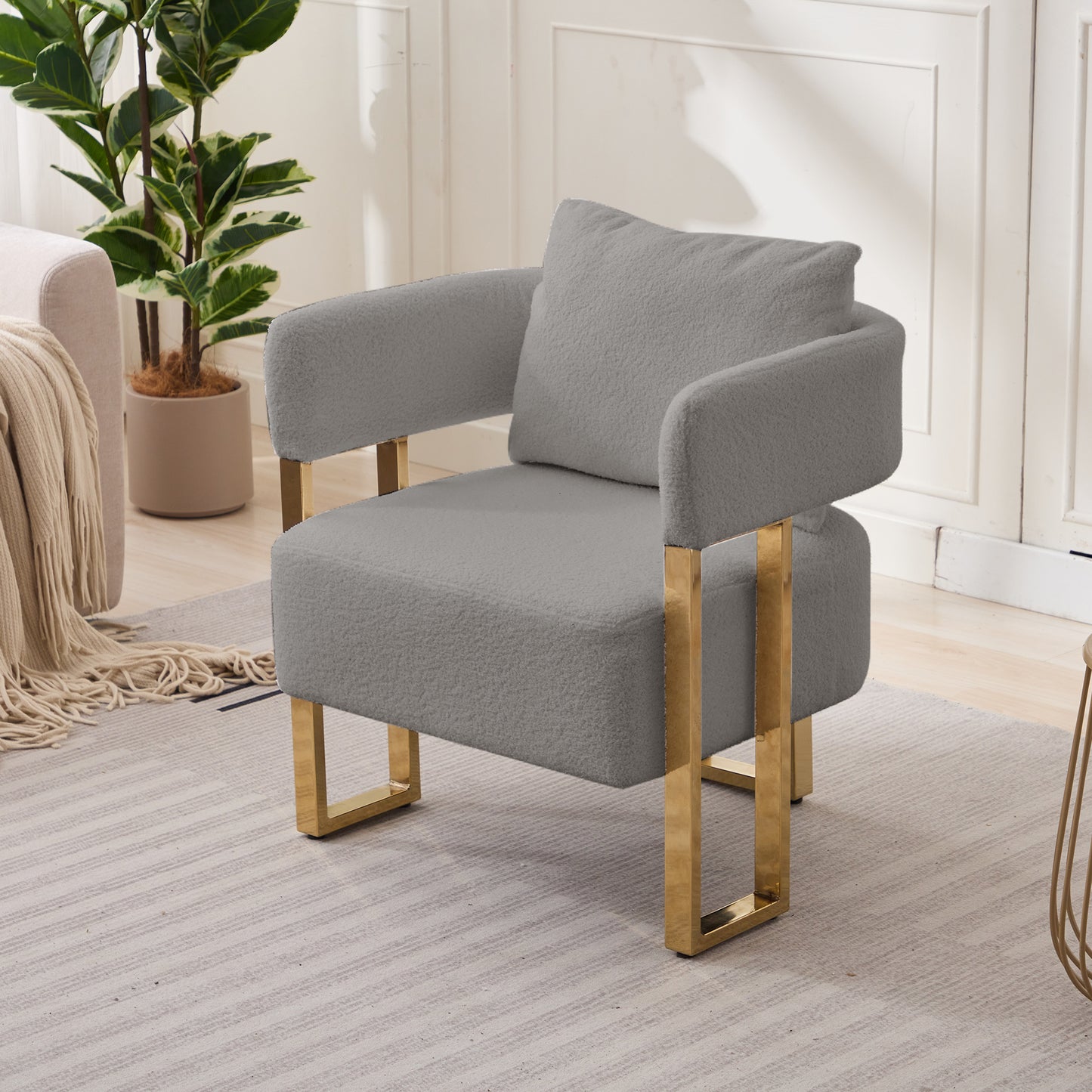 TS Modern decorative chair, living room side chair with gold metal legs, no wheels, suitable for dressing area, reception room, office,Teddy fleece upholstered metal foot sofas 2PCS Grey image 7