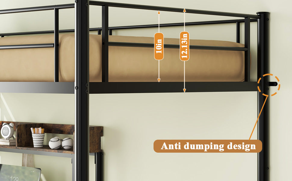 Bunk Bed Twin Over Twin Size with Desk and Charging Station L-Shaped Metal Bunk Bed with Storage Shelves and Bookcase Loft Beds with Safety Guardrail and Ladder for Teen,Black image 5