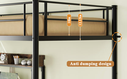 Bunk Bed Twin Over Twin Size with Desk and Charging Station L-Shaped Metal Bunk Bed with Storage Shelves and Bookcase Loft Beds with Safety Guardrail and Ladder for Teen,Black image 5
