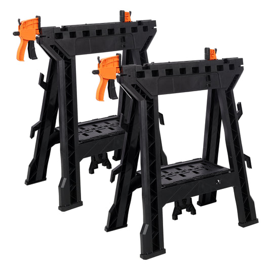 Folding Clamping Sawhorse Set of 2 - Heavy Duty Plastic Sawhorse with Built-in Clamps
