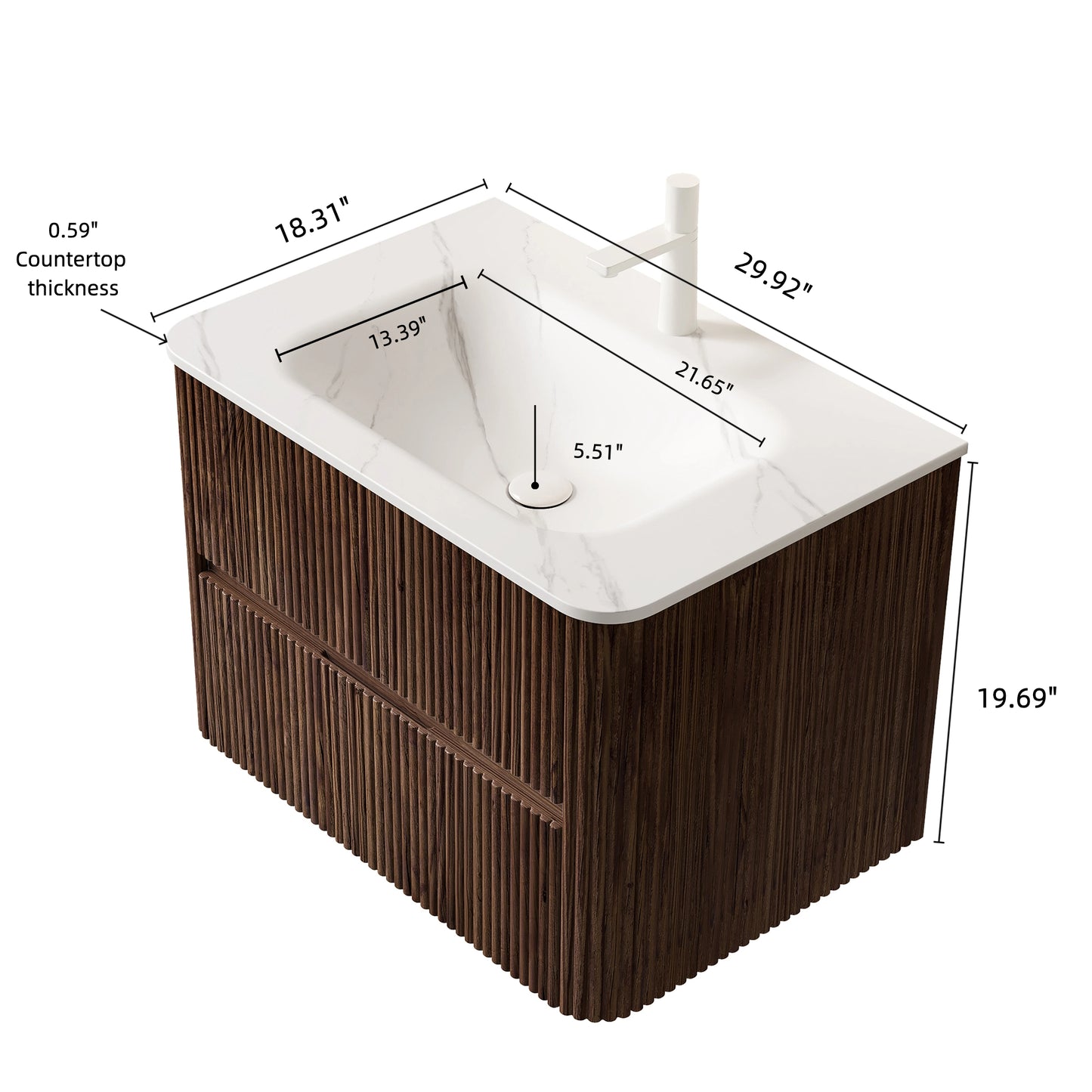 NOOR 30" Bathroom Vanity with Sink, Wall-Mounted Floating Plywood Bathroom Storage Cabinet with 2 Drawers, Carrara White Basin, NO Faucet, Pre-assembled, Retro Walnut Woodgrain Color image 5