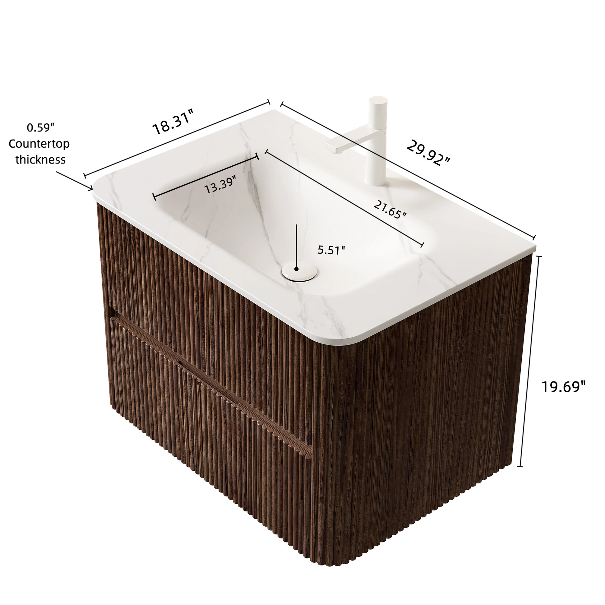 NOOR 30" Bathroom Vanity with Sink, Wall-Mounted Floating Plywood Bathroom Storage Cabinet with 2 Drawers, Carrara White Basin, NO Faucet, Pre-assembled, Retro Walnut Woodgrain Color image 5