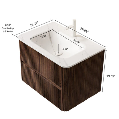 NOOR 30" Bathroom Vanity with Sink, Wall-Mounted Floating Plywood Bathroom Storage Cabinet with 2 Drawers, Carrara White Basin, NO Faucet, Pre-assembled, Retro Walnut Woodgrain Color image 5